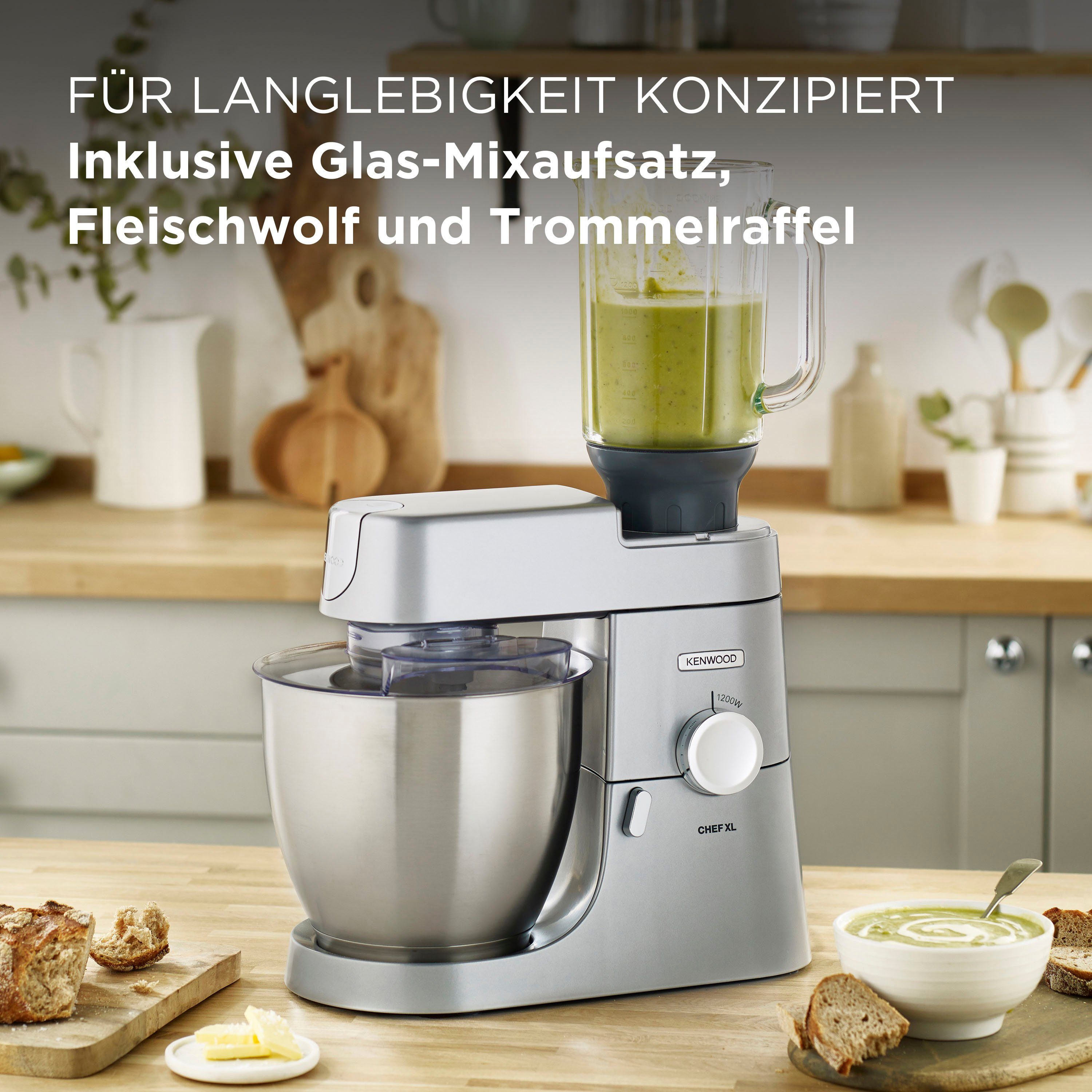 KENWOOD Küchenmaschine Chef XL KVL4220S, 1200 W, 6,7 l Schüssel, 6,7 l Schüssel, inkl. Mixaufsatz, Fleischwolf und Trommelraffel