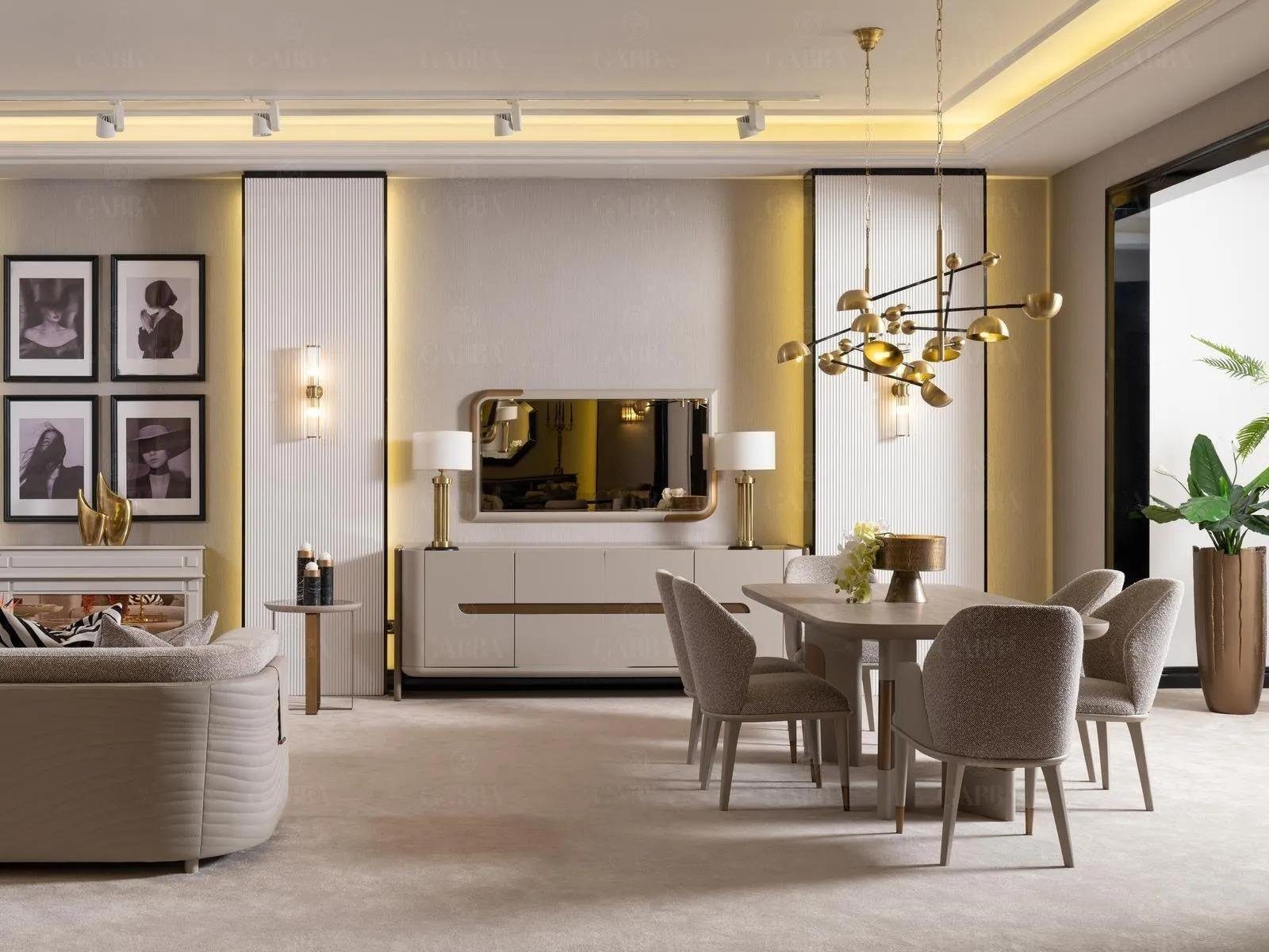JVmoebel Esszimmer-Set Esszimmer Garnitur Essecke Esstisch Stühle Set 9tlg Beige Essgruppe, (9-St., 1x Esstisch+6x Stühle+1x Sideboard+1x Spiegel), Made in Europa