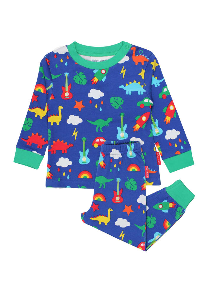 Toby Tiger Zweiteiliger Schlafanzug mit Dino und Auto Print in blau günstig kaufen