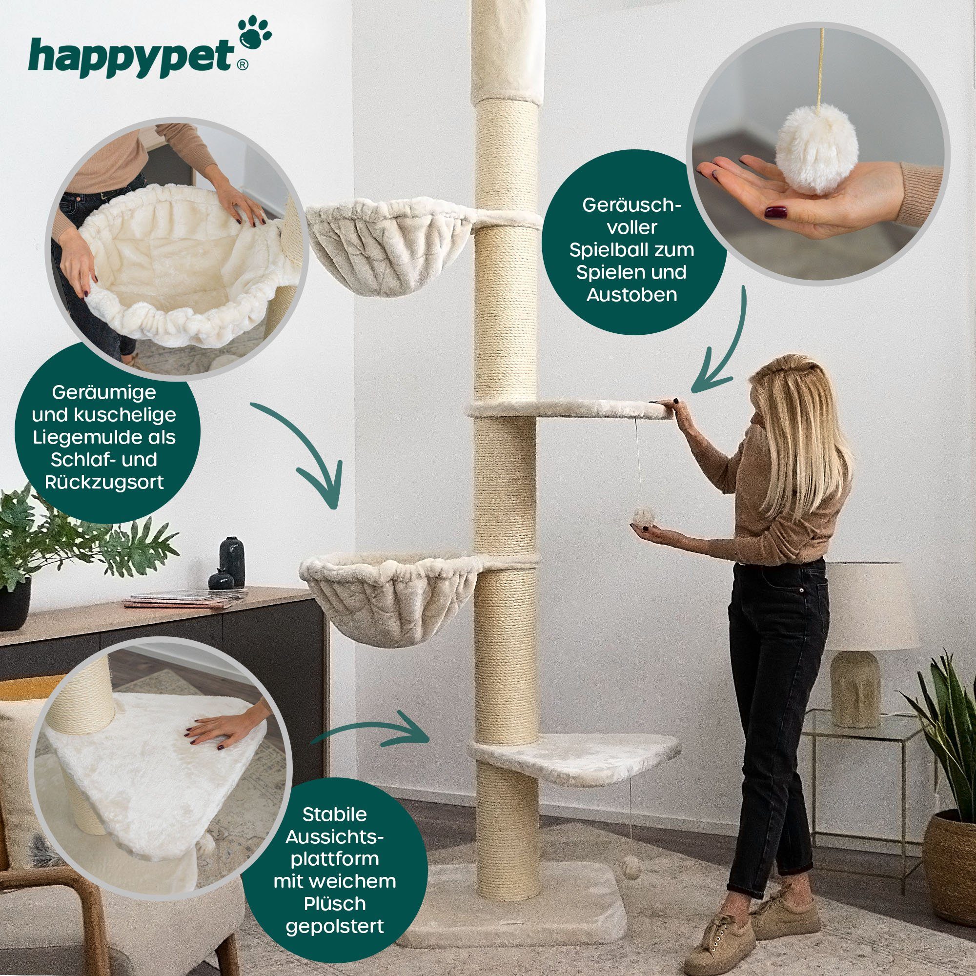 Happypet Kratzbaum LEONARDO, Natursisal, Gesamthöhe bis ca. 275 cm, Liegemulde ca. Ø 45 cm
