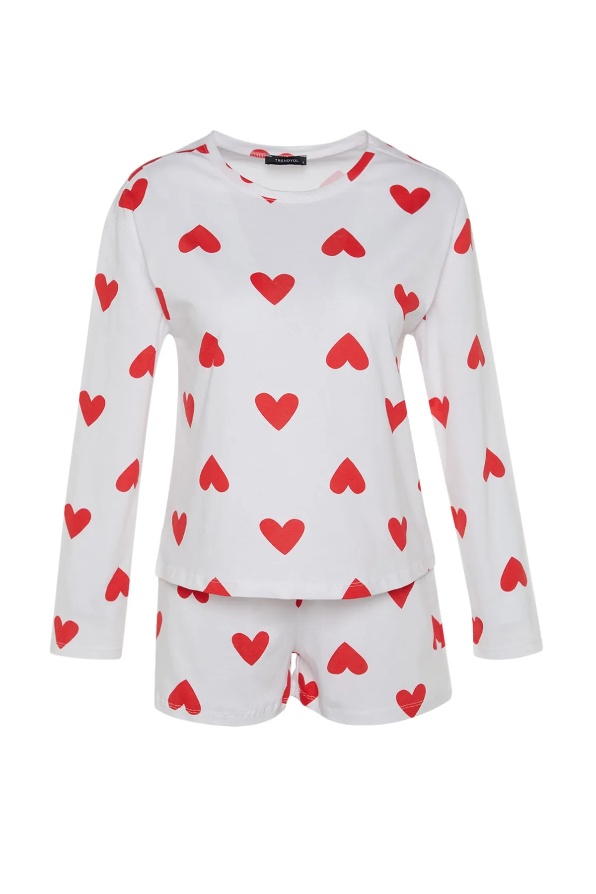 Trendyol Collection  Mehrfarbiges, gestricktes Pyjama-Set aus 100 % Baumwolle mit Herzmuster und langärmligen T-Shirts und Shorts THMSS21PT0471