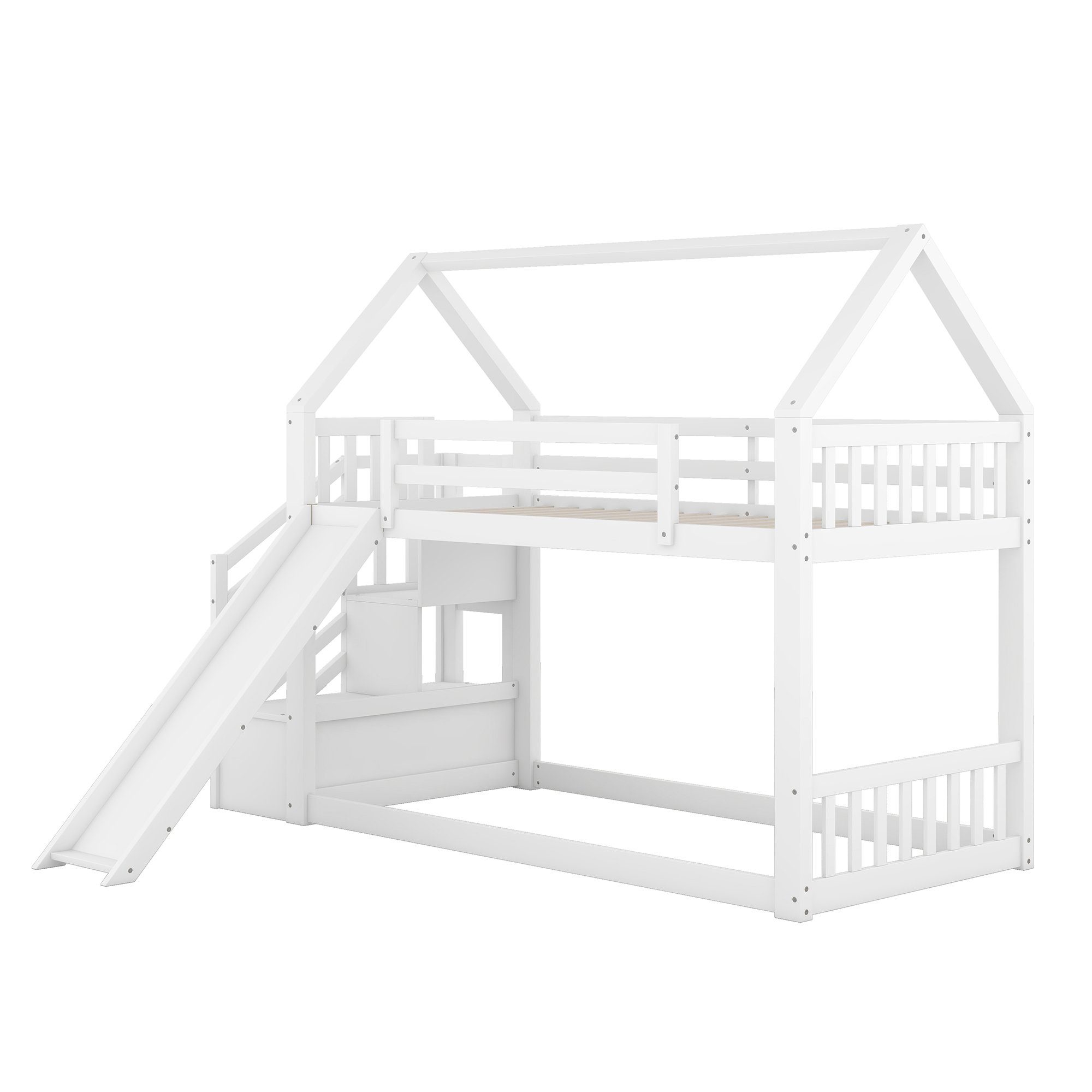 OKWISH Bett Etagenbett, Kinderbett, Hausbett 90x200cm (mit Stauraumtreppe und Rutsche, mit Geländer), geeignet für Kinder, Jugendliche, Ohne Matratze