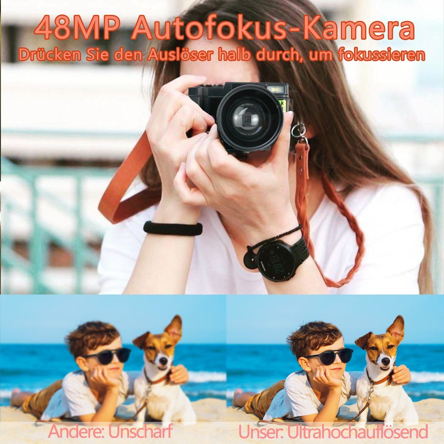 DOTMALL 4K-HD-Vlog-Reisekamera Mit klappbarem Touchscreen,48 MP, 16-fach Zoom Kompaktkamera
