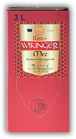 Met Roter Met Wikinger (Honigwein mit Kirschsaft) 3,0 Liter Bag in Box Met Roter Met Wikinger (Honigwein mit Kirschsaft) 3,0 Liter Bag in Box Der integrierte Zapfhahn verhindert nach Öffnung Luftkontakt und damit Oxidation. Im geöffneten Zustand sind