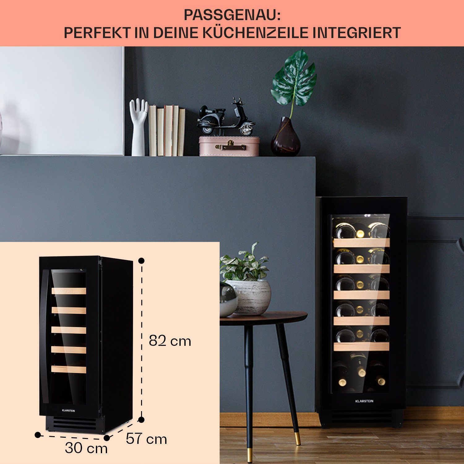 Klarstein Weinkühlschrank Vinovilla 20 Built-In, für 20 Standardflaschen á 0,75l,Wein Flaschenkühlschrank Weintemperierschrank Weinschrank Kühlschrank