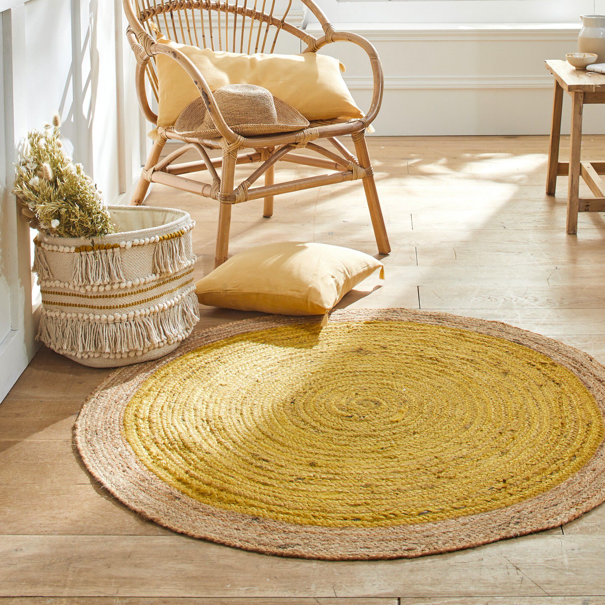 Tapis rond jute bicolore moutarde/naturel