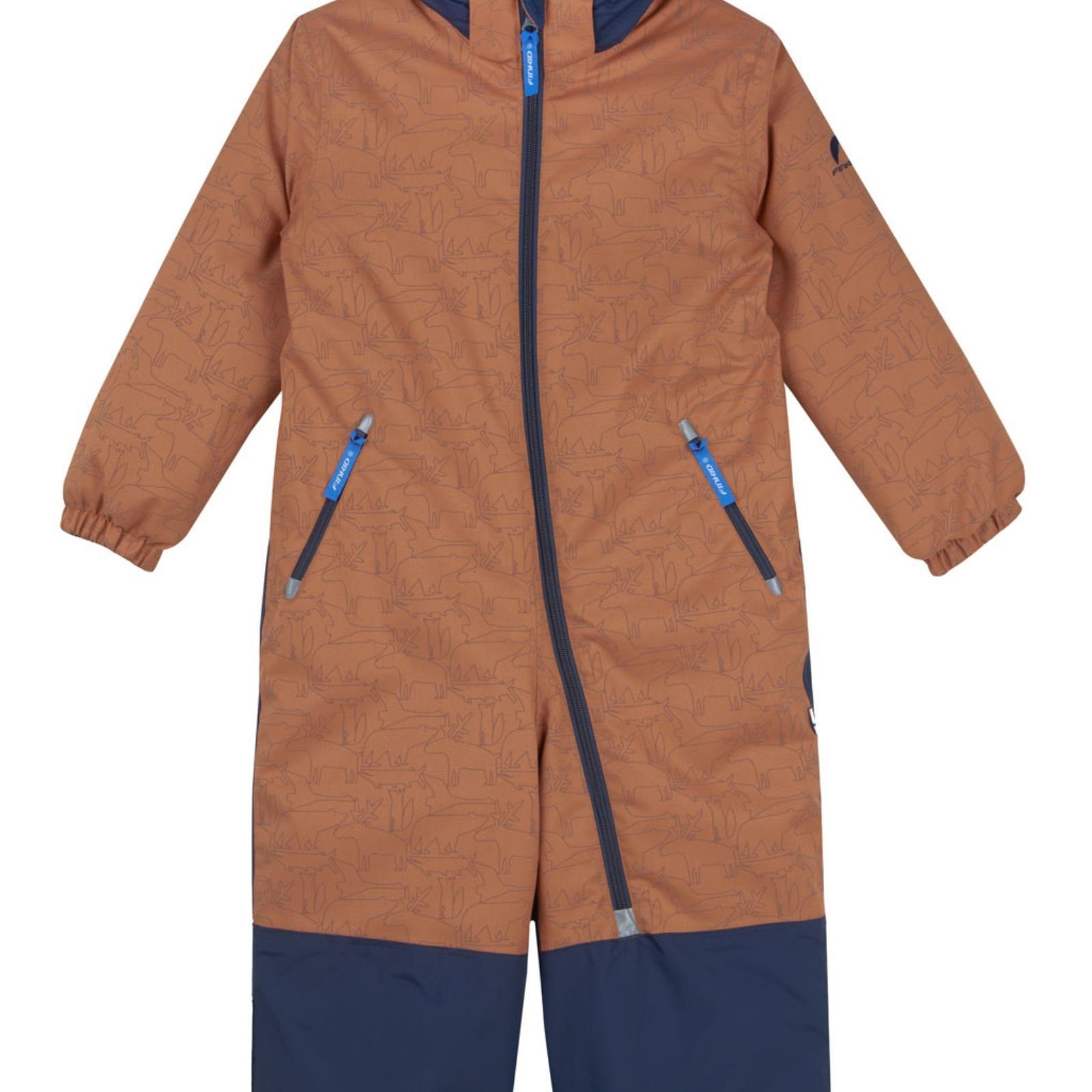 Finkid Schneeoverall Finkid Turva Ice Winteroverall mit reflektierendem Print Almond/Navy Overrall Winteranzug Kinder Overall