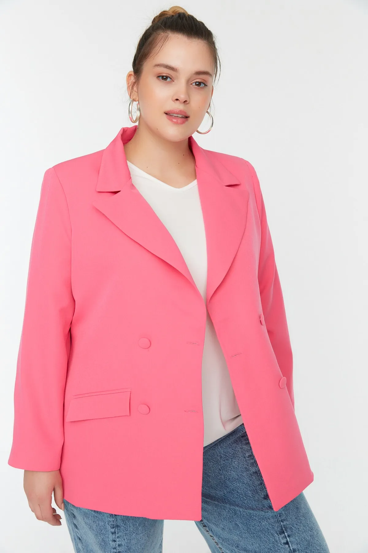 Trendyol Curve  Rosa gewebte Blazerjacke mit Doppelverschluss TBBSS22CE0180