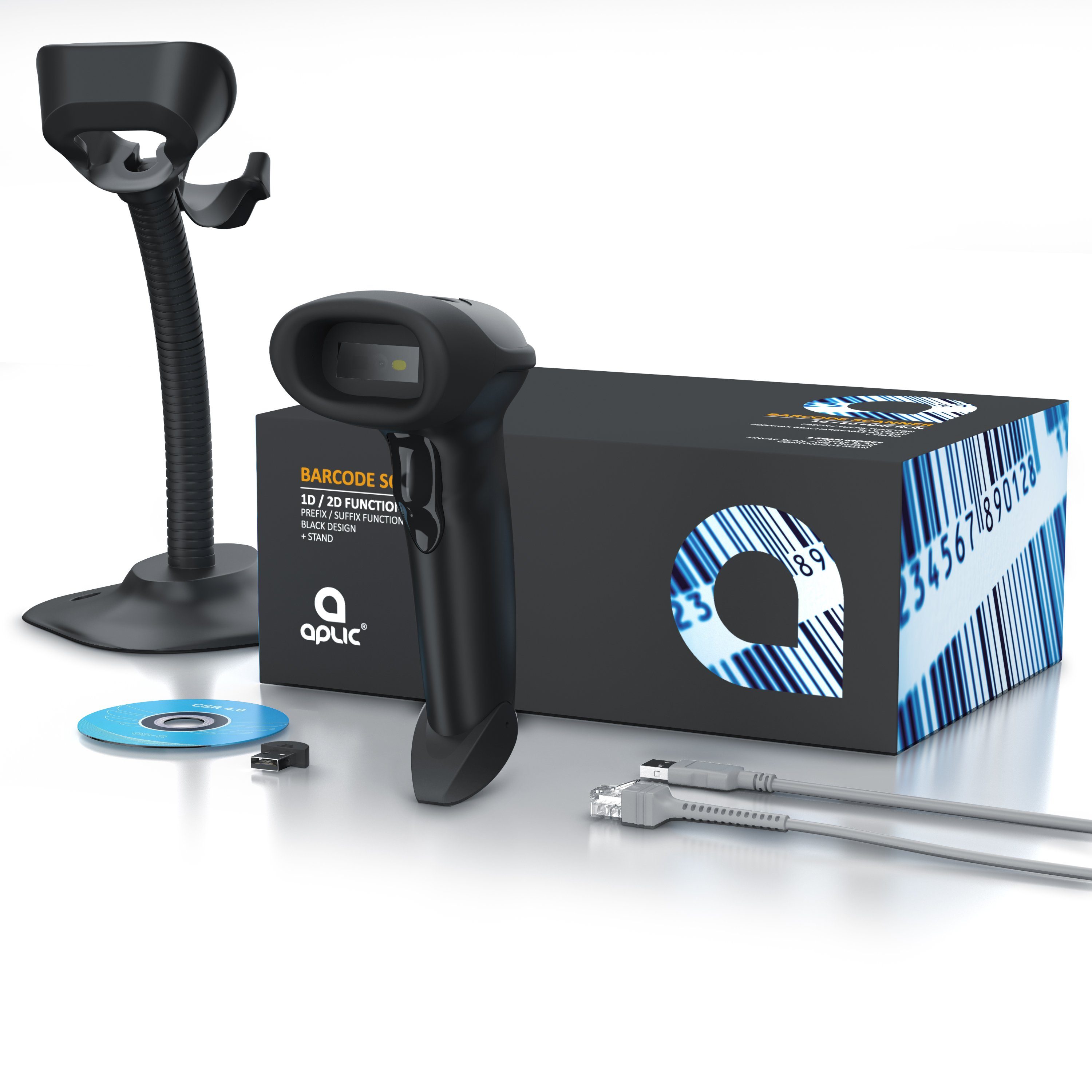 Aplic Handscanner, (Bluetooth Barcode Scanner. Barcodescanner kabellos inkl. Standfuß)