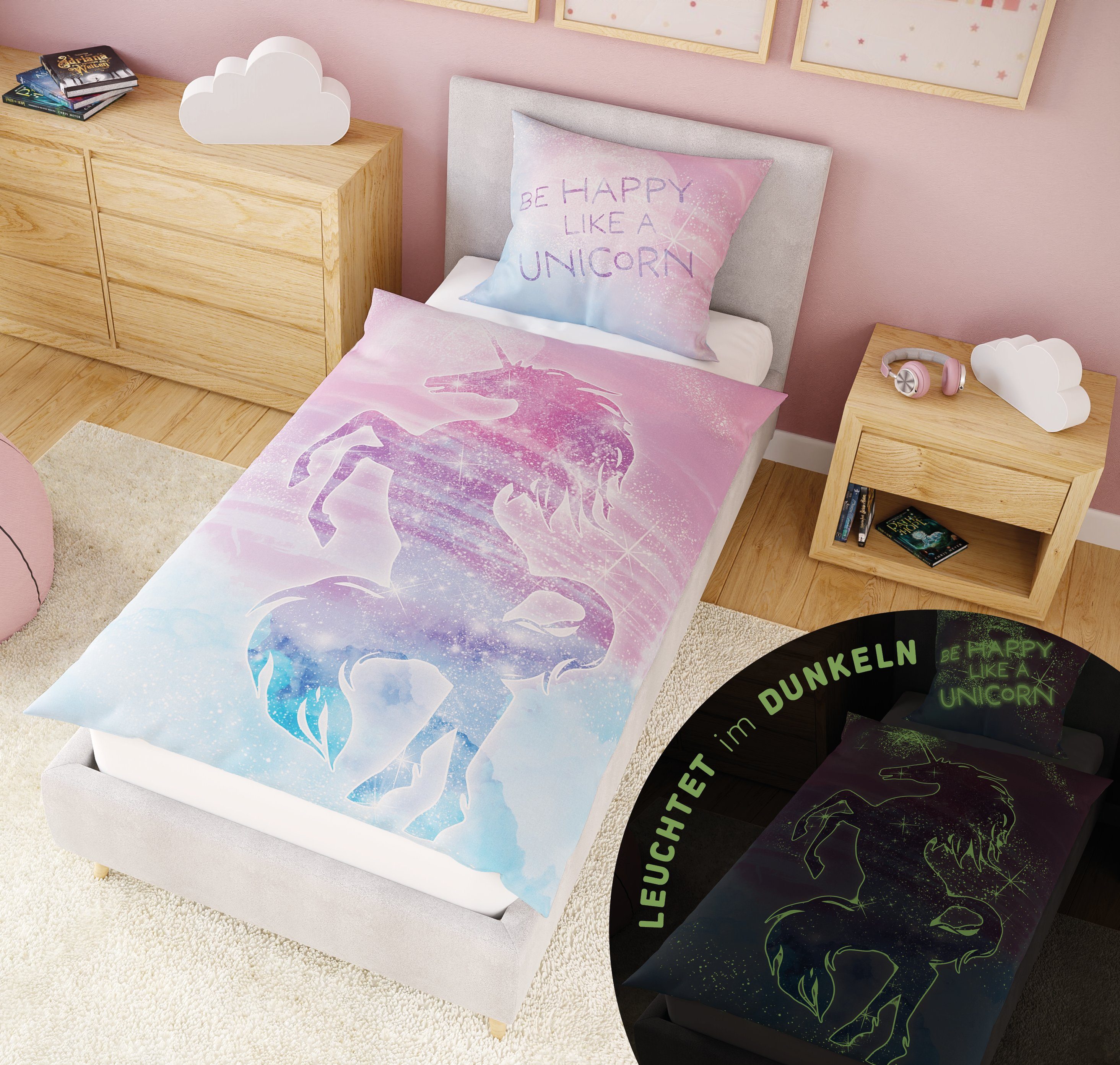 Kinderbettwäsche Leuchtende Bettwäsche 135x200 Unicorn Bettwäsche Kinder + 10 SPIELE, Carpe Sonno, Baumwolle, 2 teilig, GLOW IN THE DARK Einhorn Bettwäsche Mädchen