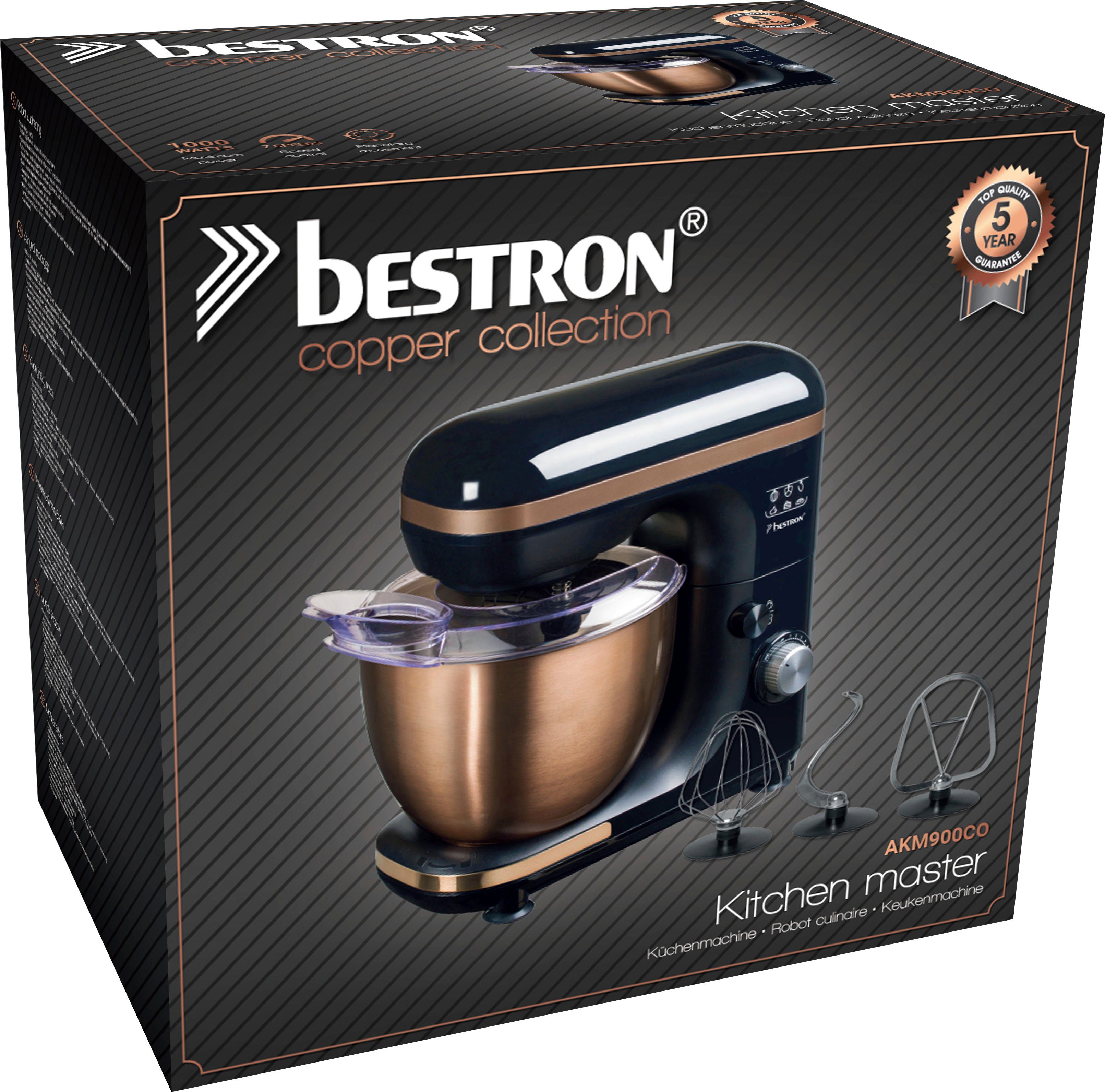 bestron Küchenmaschine AKM900CO 4-in-1, 1000 W, 5 l Schüssel, 7 Geschwindigkeiten, inkl. Schneebesen, Knethaken, Spritzschutz