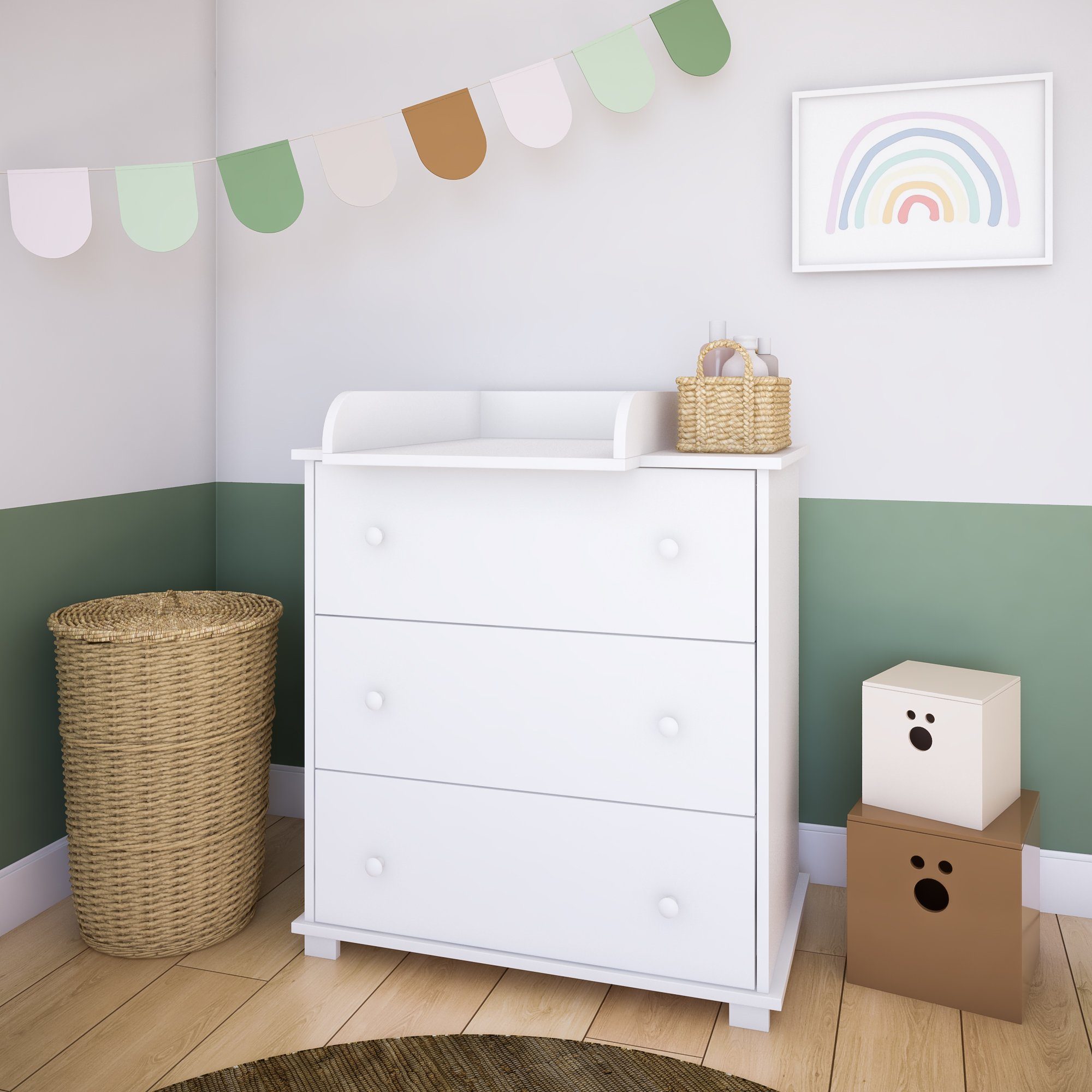 Kids Collective Wickelkommode Wickeltisch Kommode mit abnehmbarem Wickelaufsatz, mit 3 Schubladen in weiss Made in Europe