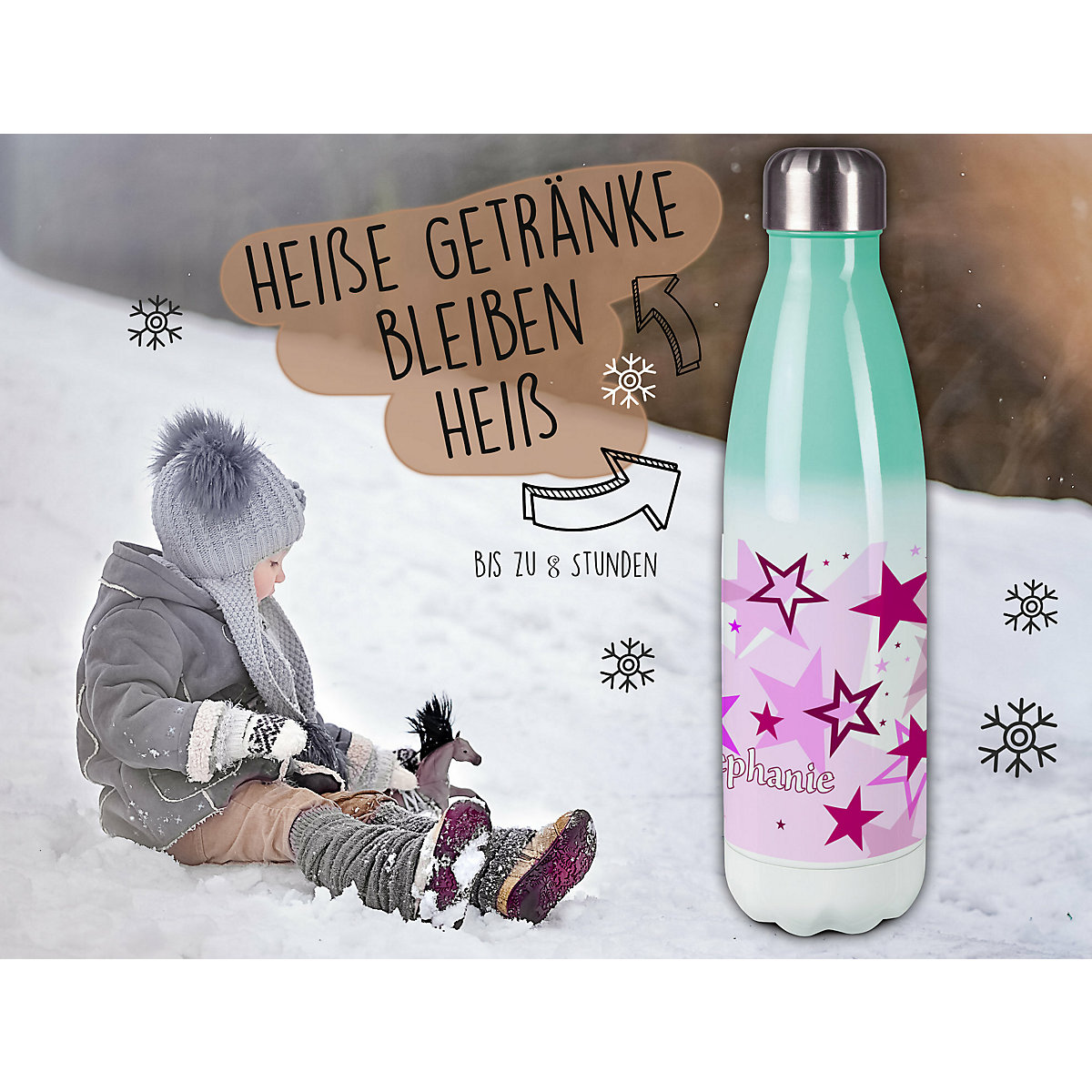 Edelstahl Kinder Thermoflasche / Trinkflasche bunt Sternenhimmel Farbe rosa Spülmaschinenfest, Auslaufsicher, Bruchfest, Doppelwandig, Für Heißgetränke geeignet, Mit Deckel, Isoliert
