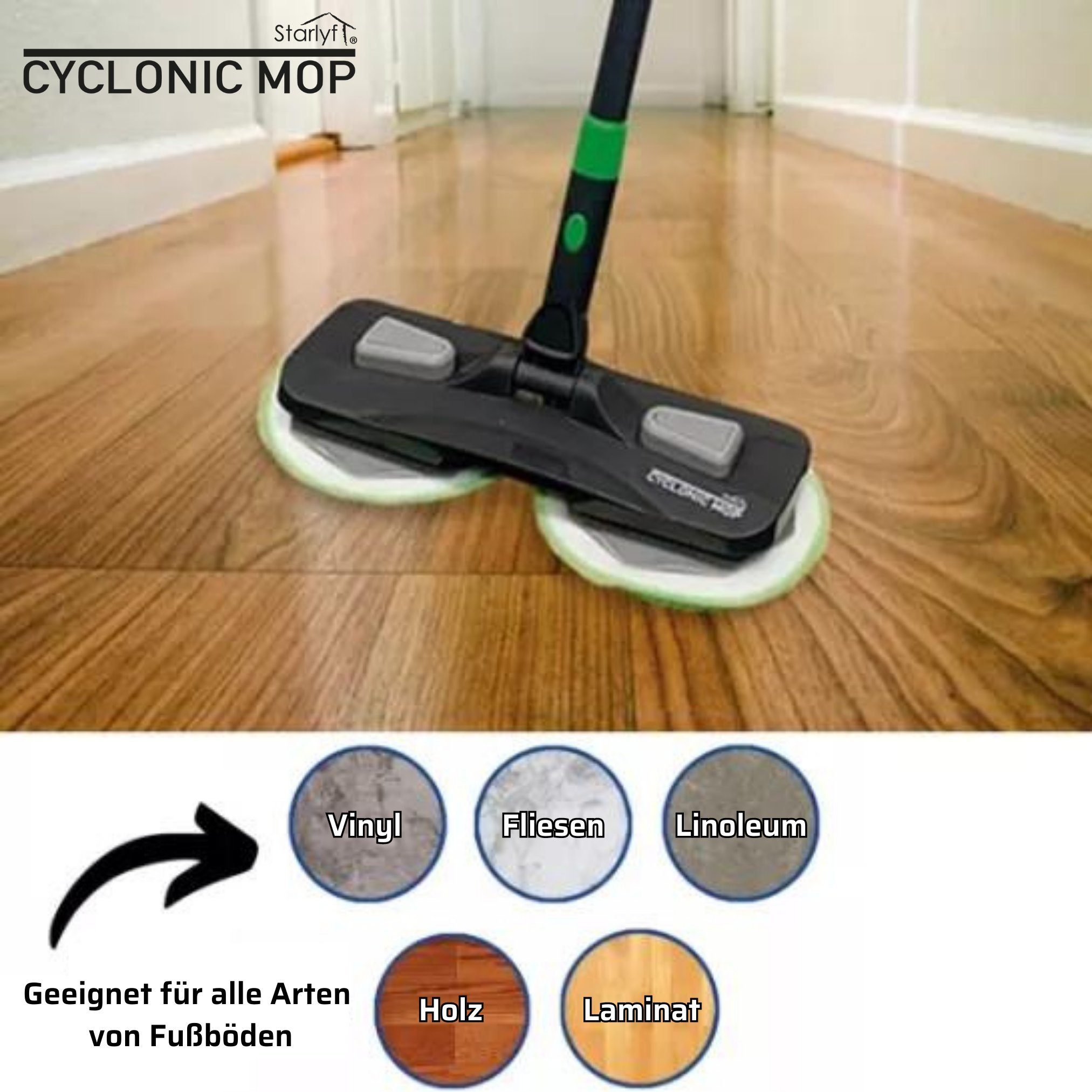 Starlyf Wischmopp Cyclonic Mop, beutellos, kabelloser, rotierender Bodenwischer ohne Akku, für Hartböden