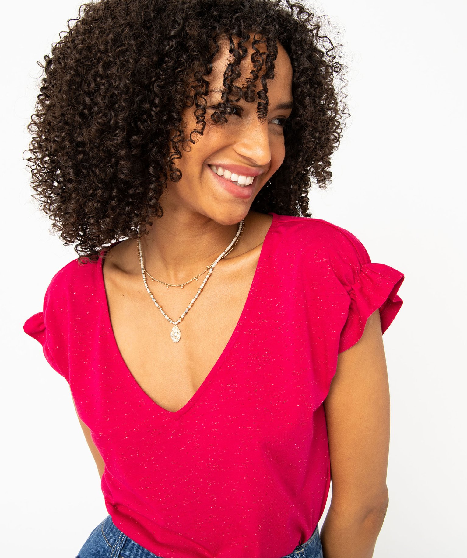 Tee-shirt femme à manches courtes froncées et col V rose | GEMO