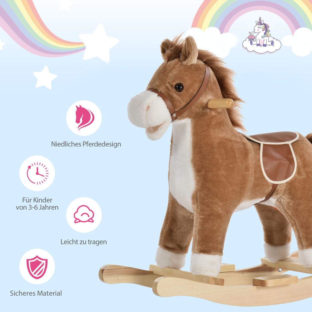 HOMCOM Kinder Schaukelpferd Baby Schaukeltier Pferd für 36-72 Monate Braun