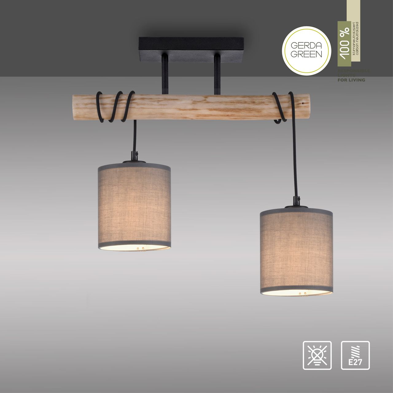 JUST LIGHT Deckenleuchte GREEN TRIBU, 2x E27/10,00Watt max., Eukalyptusholz, Taupe