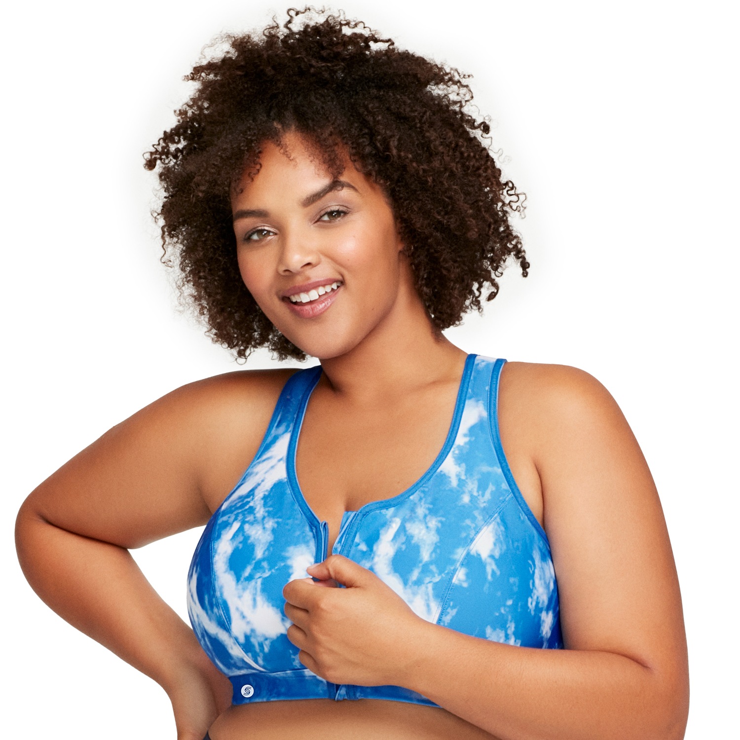 Sport-BH mit Reißverschluss vorn - Batik blau/weiß