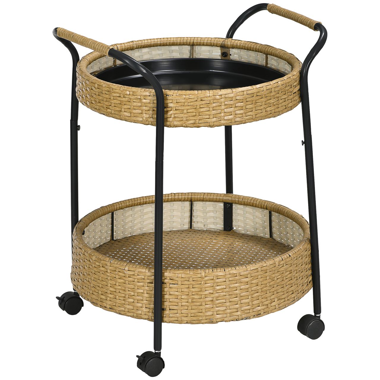 Outsunny Servierwagen Rattan Gartenrollwagen Trolley mit 2 Regalen Natur