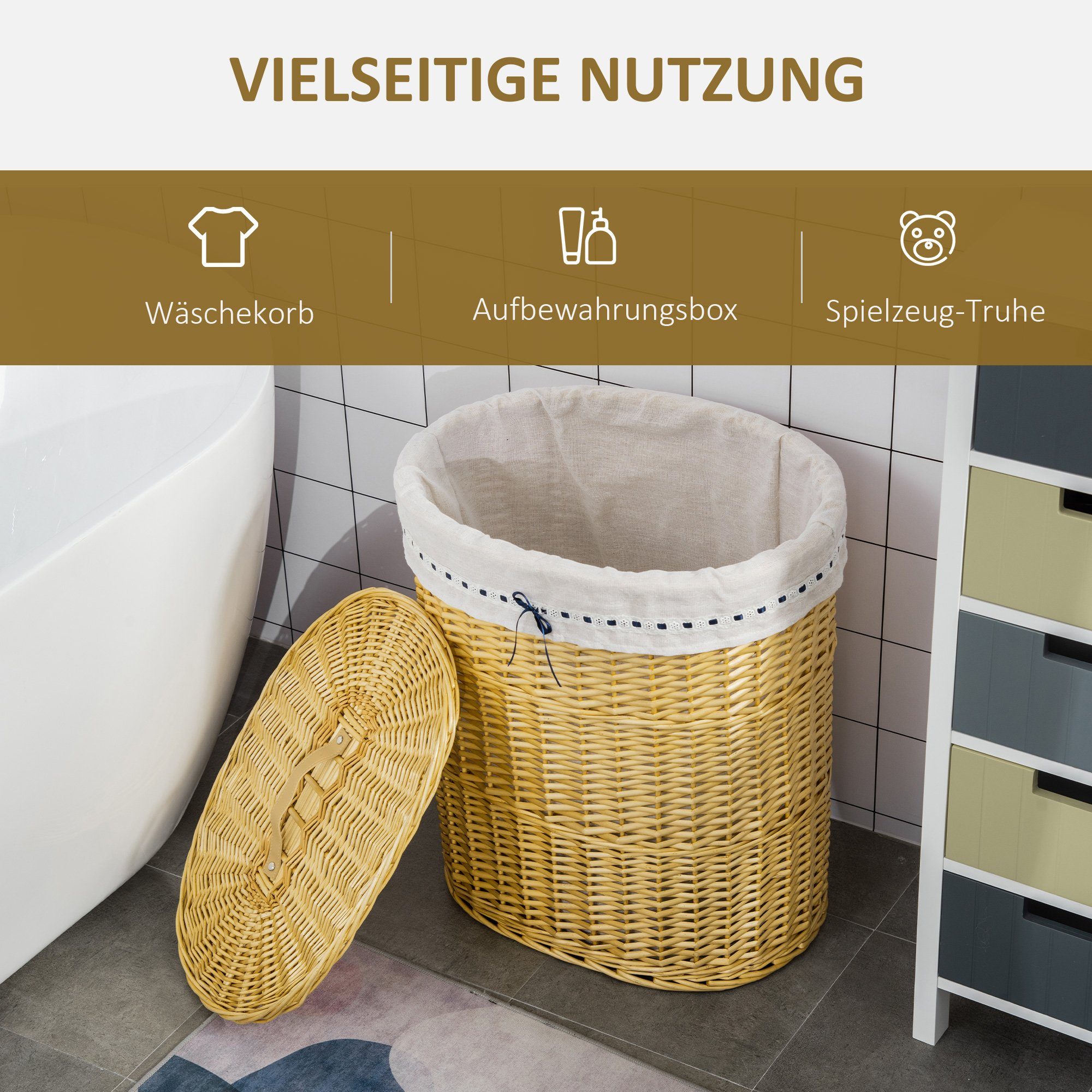HOMCOM Wäschekorb (Set, 1 St., Wäschebox), Wäschekorb aus Weide geflochten Wäschesammler mit Deckel