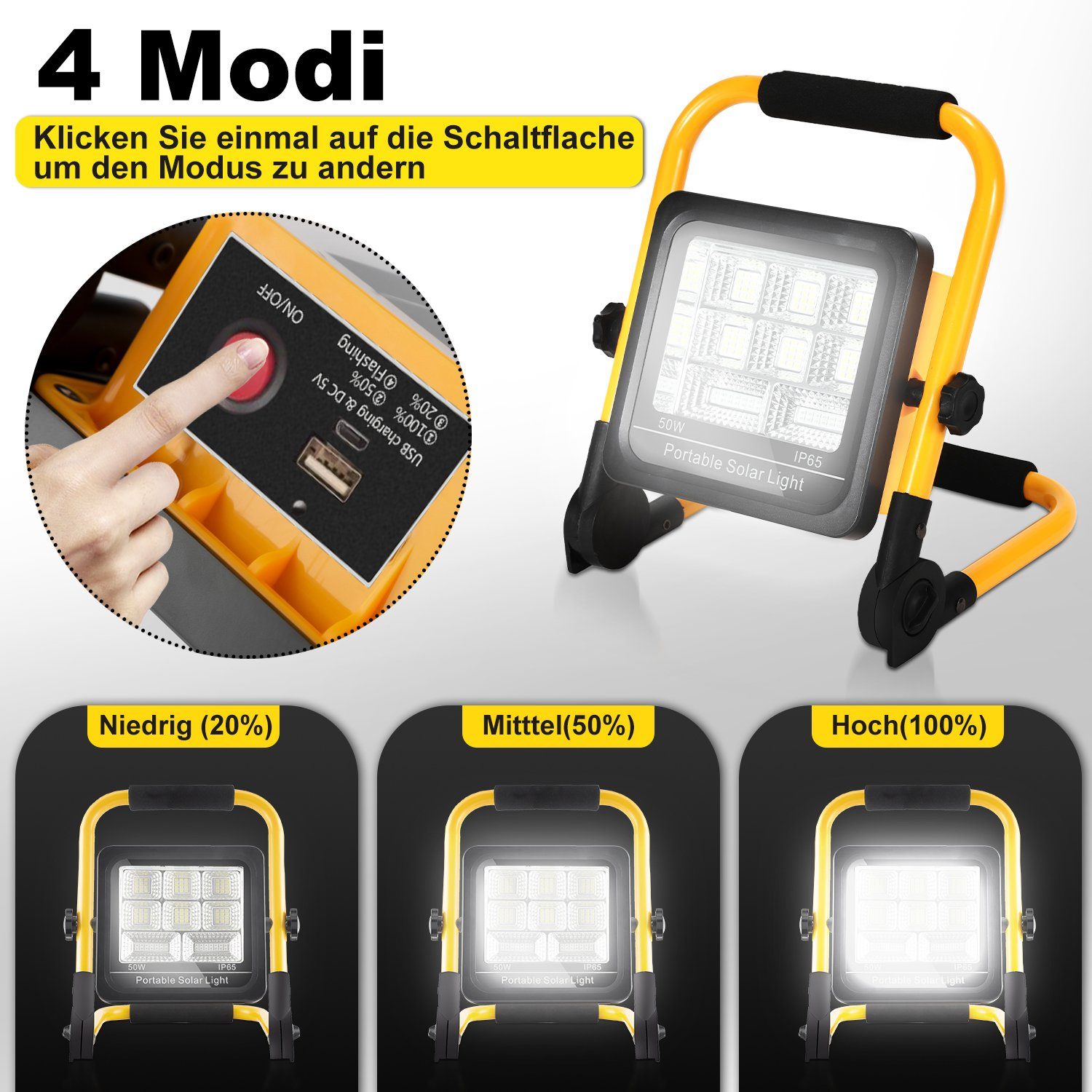 Gimisgu Baustrahler LED Akku Fluter 50W-100W Campinglampe Aufladbar Solar Gelb