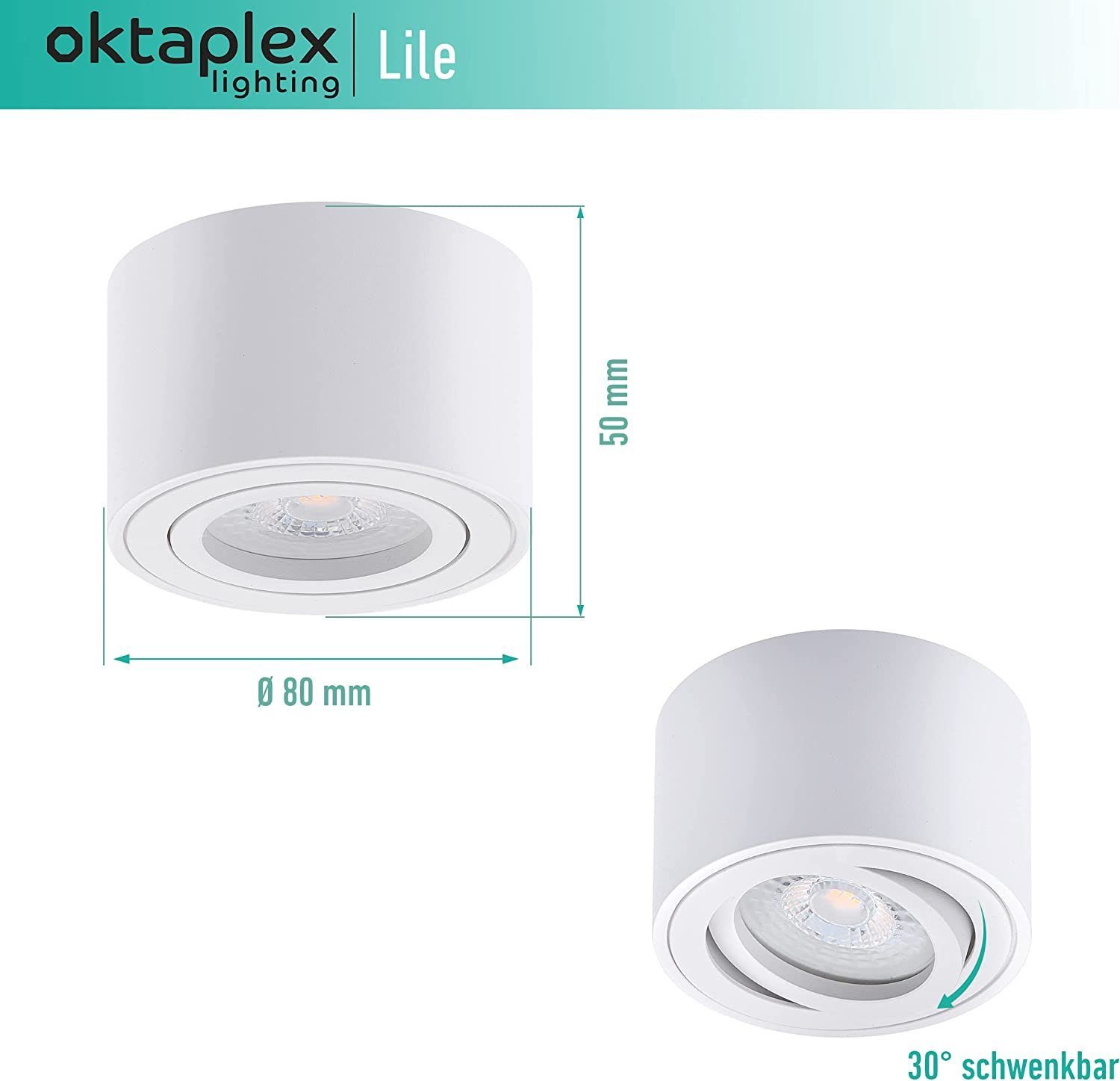 Oktaplex lighting LED Deckenstrahler 3 Stück Aufbauspots inkl. LED Leuchtmittel 5W 380 Lumen, Dimmbar, Leuchtmittel wechselbar, warmweiß, 3000 Kelvin 230V 30° schwenkbar Höhe 50mm weiß
