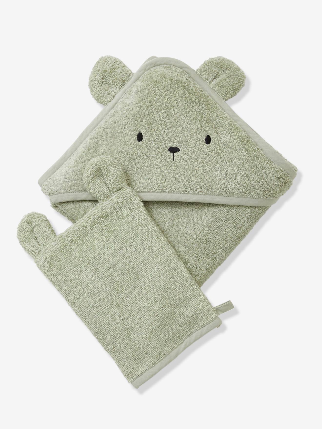 Vertbaudet Bio-Kollektion: Baby-Set aus Badetuch und Waschhandschuh - anthrazit/hase