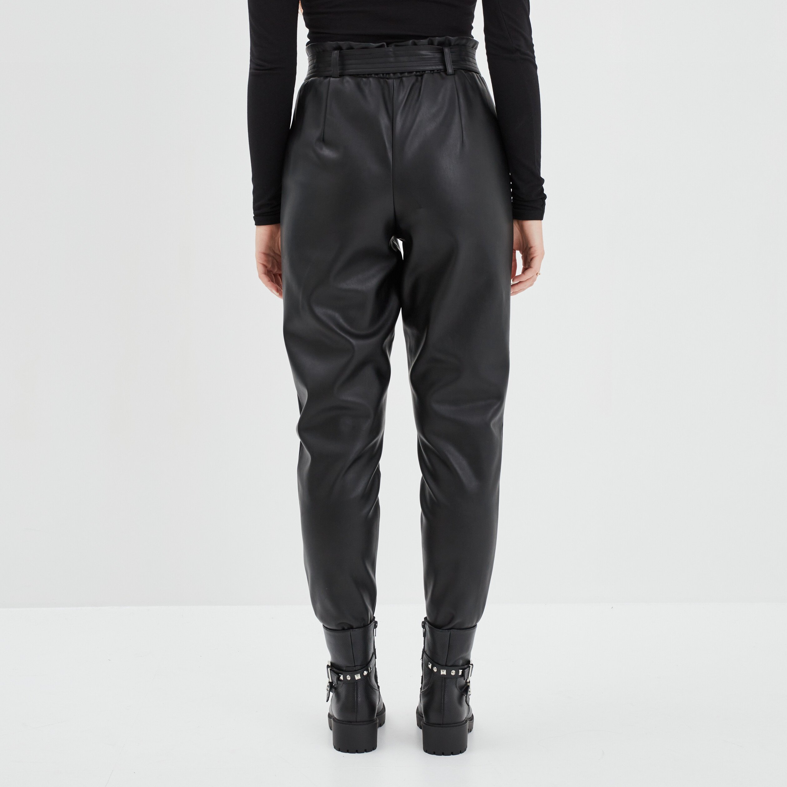 Pantalon simili cuir paperbag noir femme | La Halle