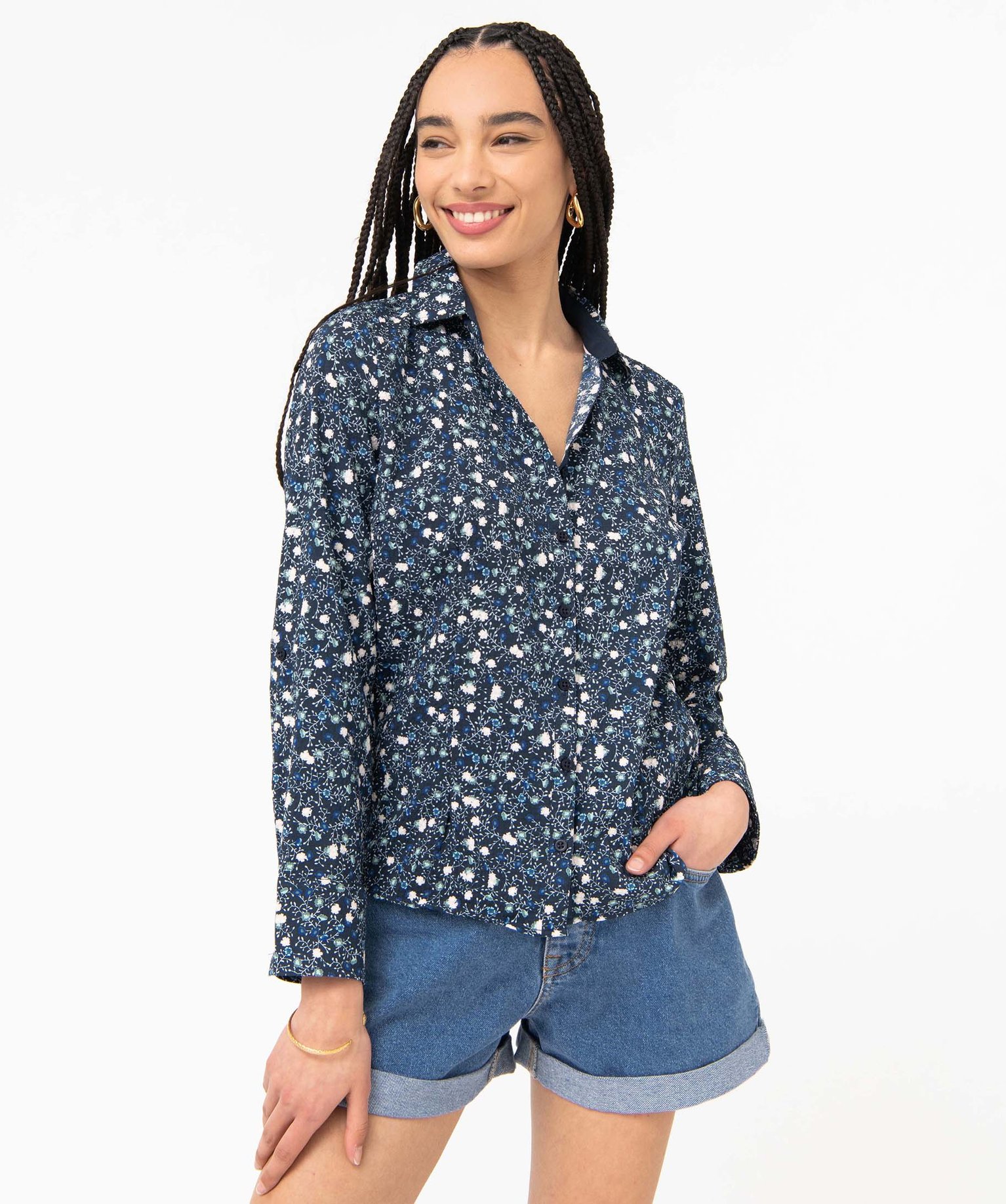 Chemise femme à motifs fleuris avec manches retroussables imprime | GEMO