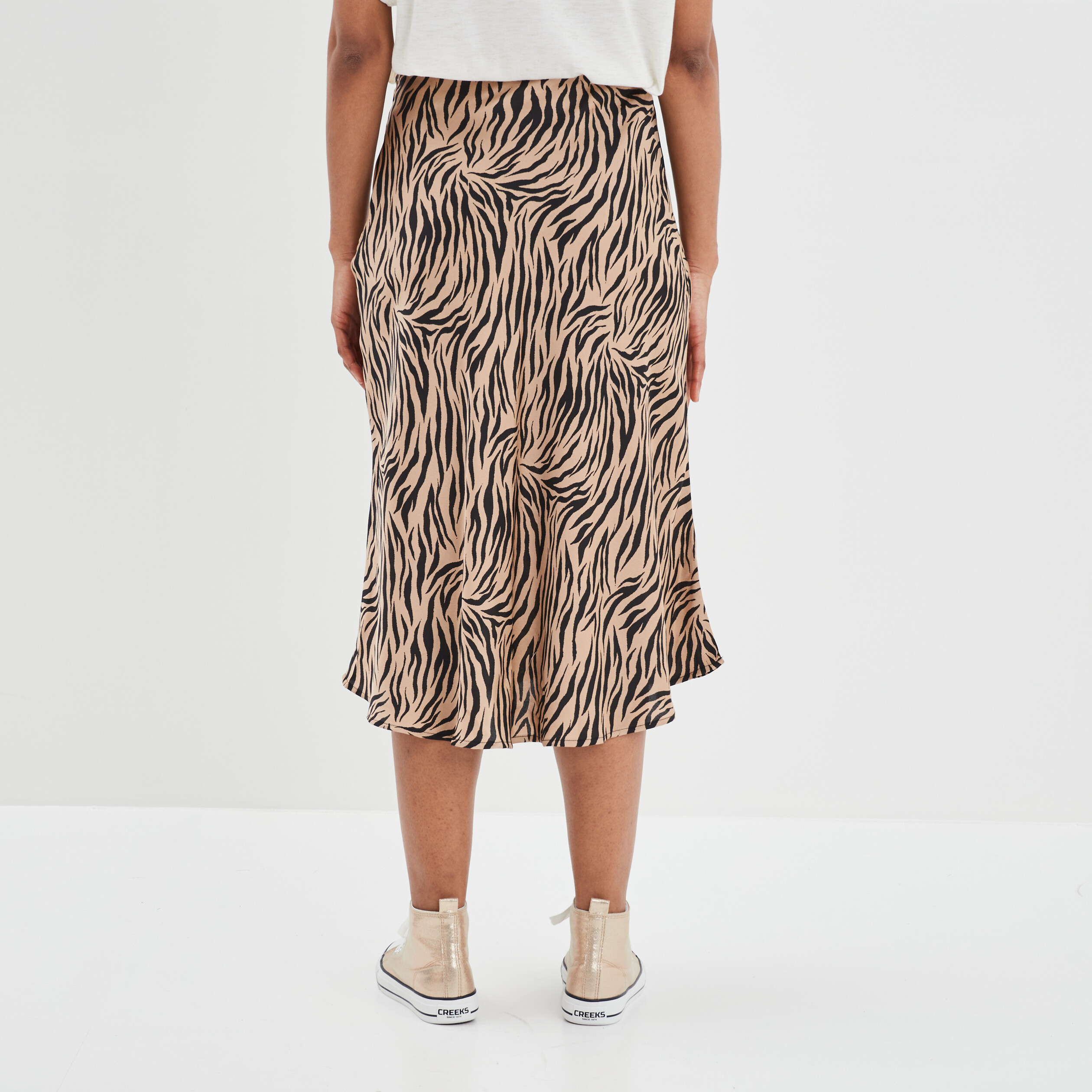 Jupe midi patineuse satinée beige femme | La Halle
