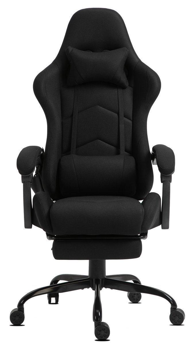 Delman Gaming-Stuhl Bürostuhl Chefsessel Massagefunktion mit 6 Vibrationspunkten Stoff, Drehstuhl, dicke Polsterung, Metallfußkreuz, Fußstütze 02-0036
