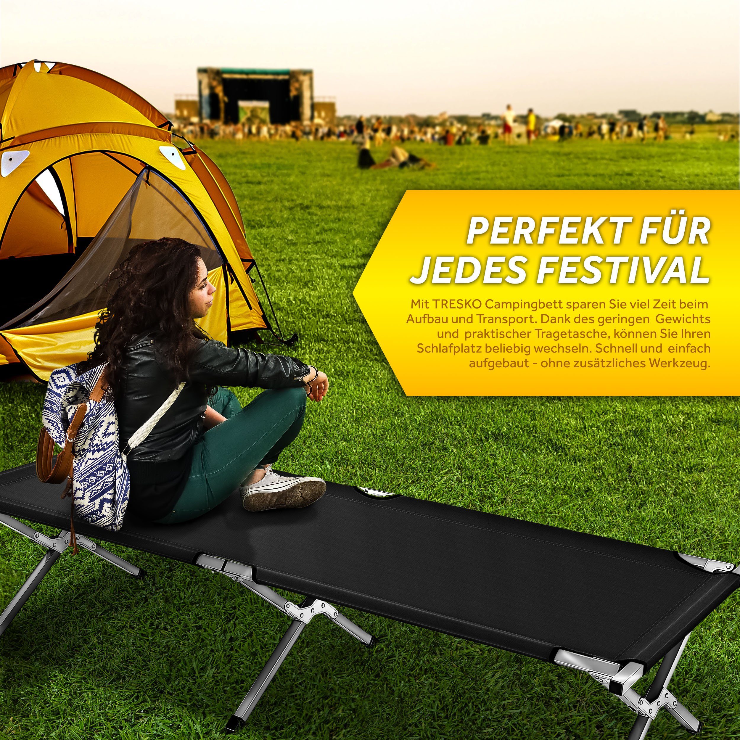 TRESKO Feldbett Campingbett XXL Liege Gästebett Reisebett Metallrohr - Belastbarkeit bis 150kg