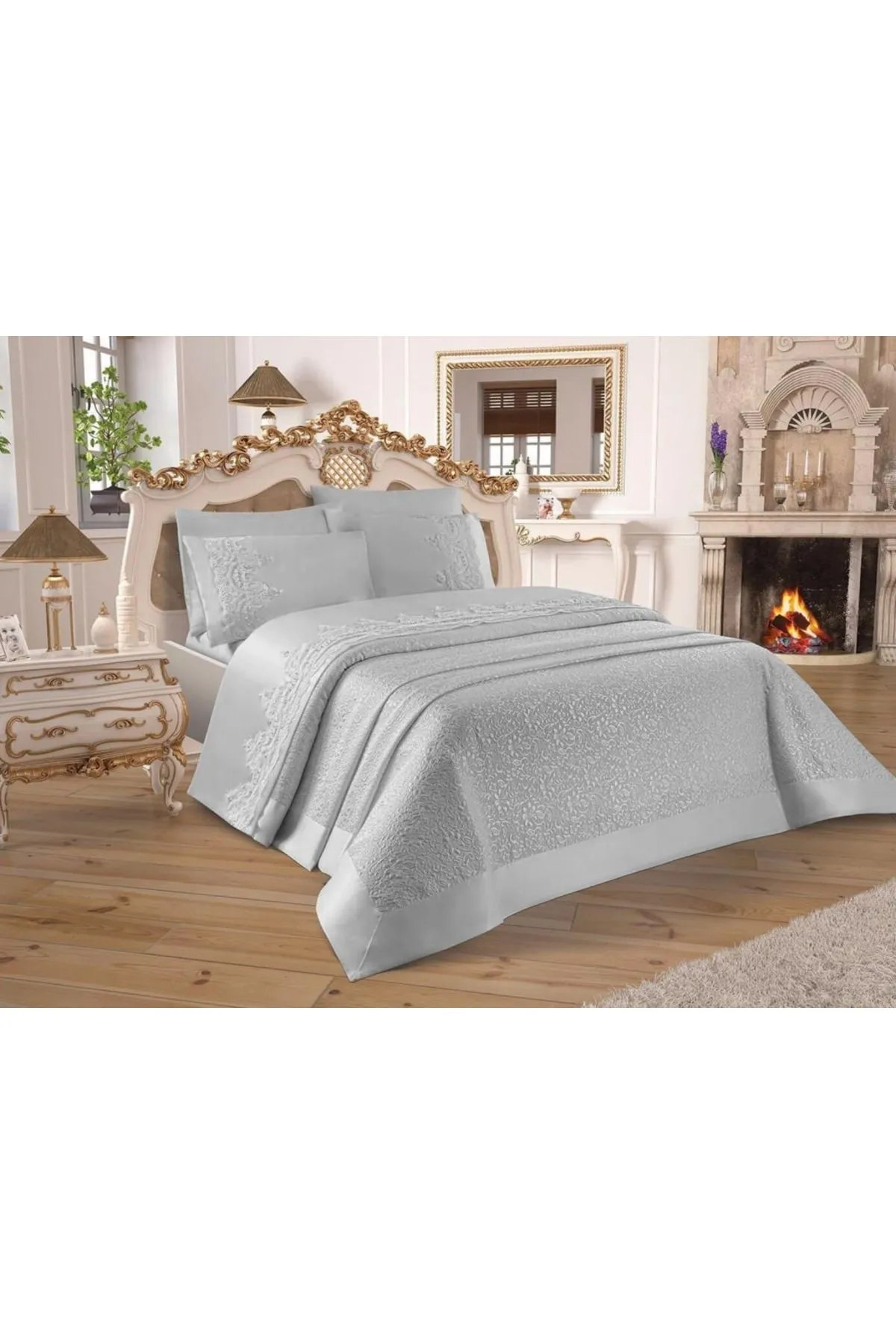 Çeyiz Diyarı  Çeyizdiyari Französisches Guipure-Diana-Pike-Set, 3-teilig, Grau