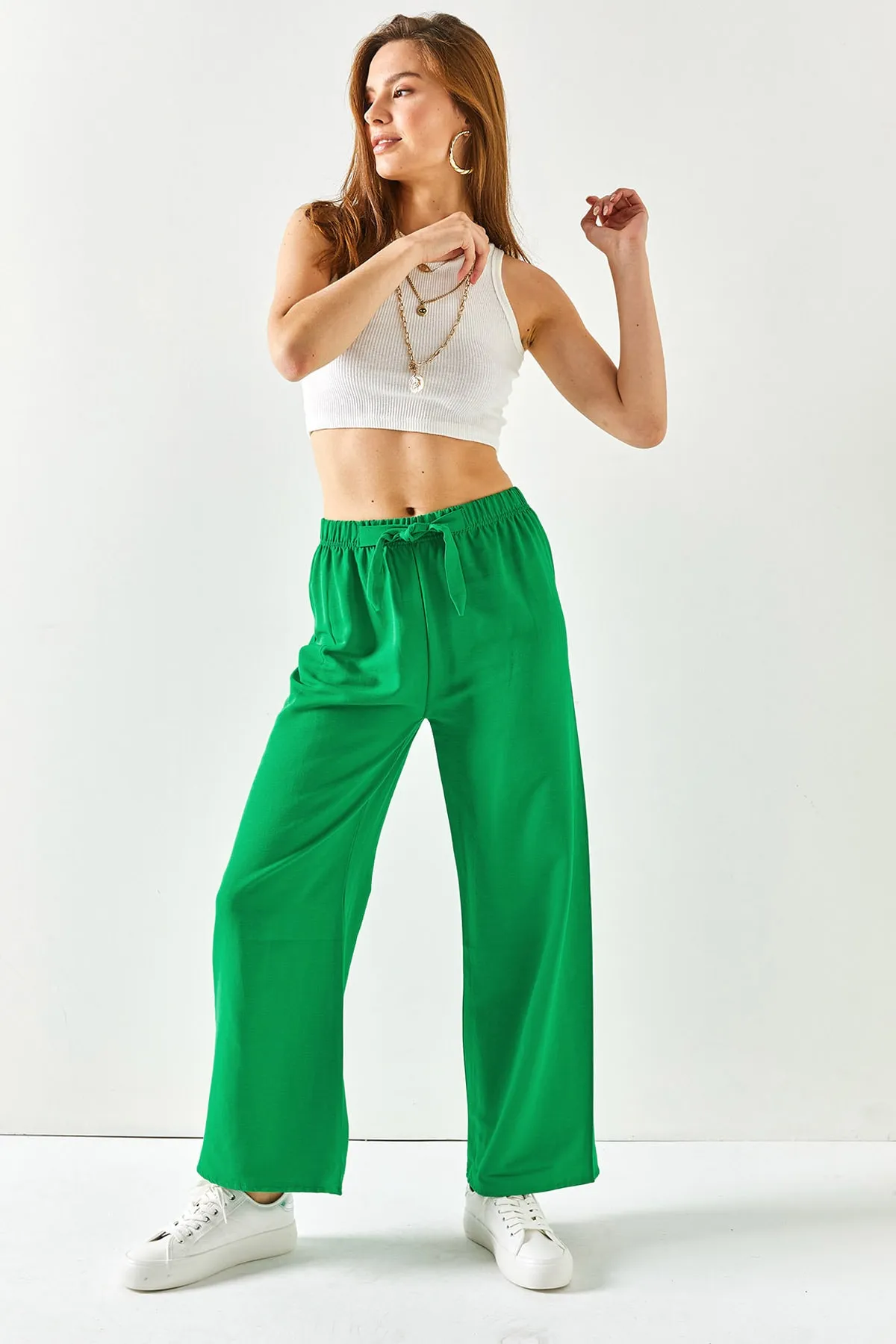Olalook  Grasgrüne Palazzo-Leinenhose mit elastischem Bund und Schnürung für Damen PNT-19000219