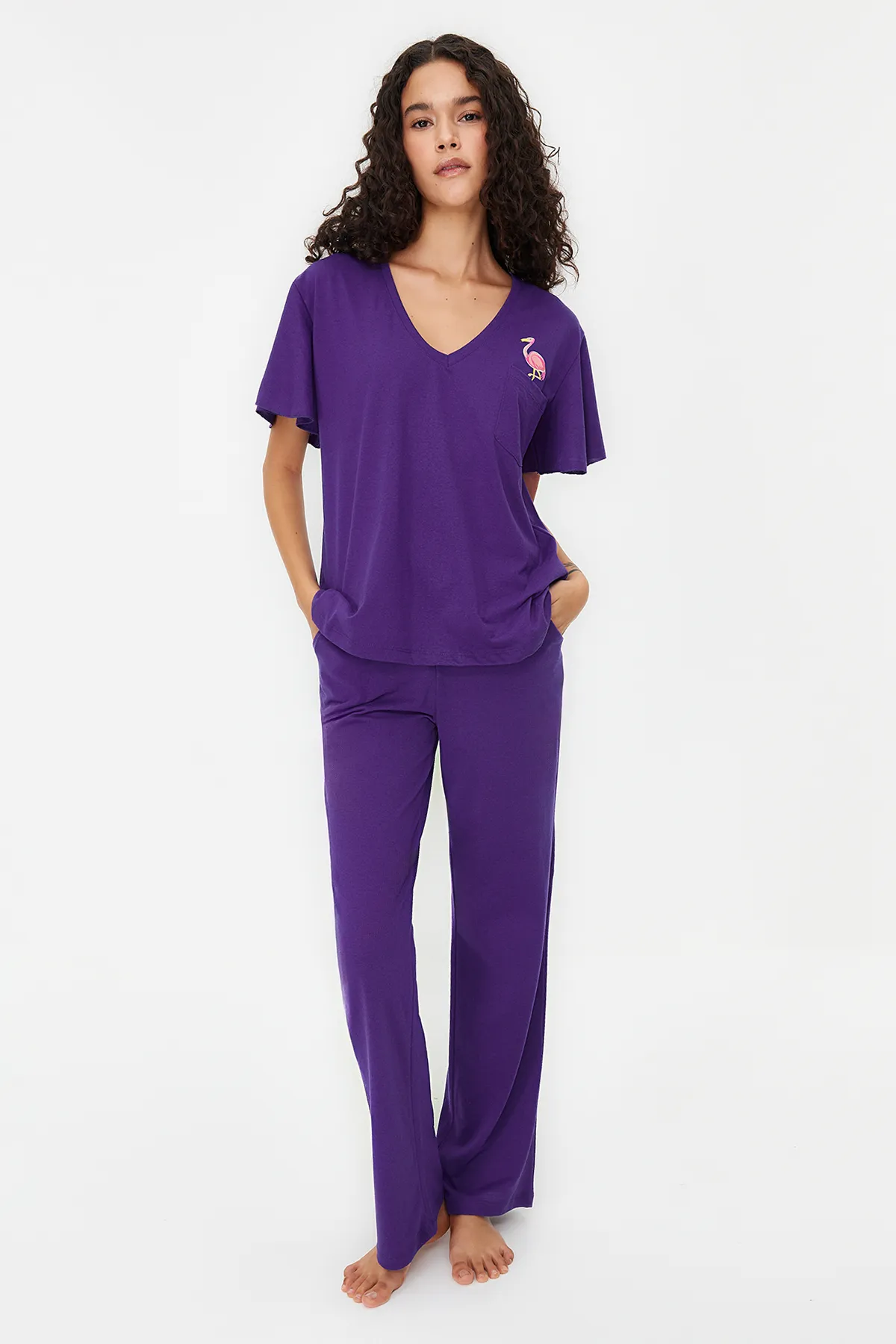 Trendyol Collection  Lilafarbenes Pyjama-Set aus Baumwolle mit Flamingo-Aufdruck und Schwungrad-Detail THMSS20PT0172