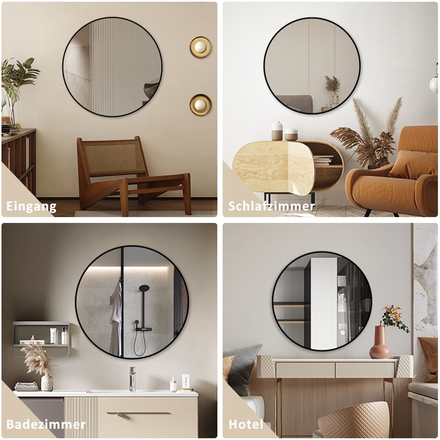 Boromal Rahmenspiegel-rund Wandspiegel Rund 80 cm druchmesser Groß Schwarz Metall Flurspiegel, für Badezimmer Waschtisch Wohnzimmer Schlafzimmer Esszimmer Eingänge