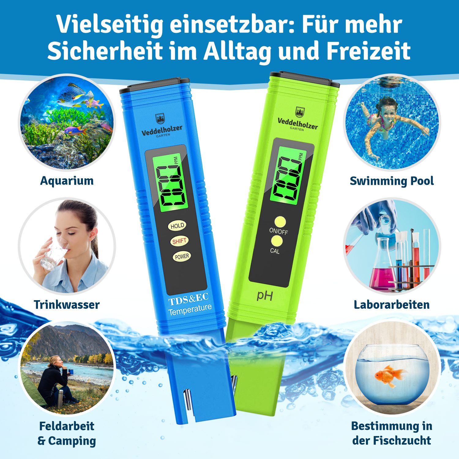 Veddelholzer Garten Pooltester pH Wert Messgerät pool Thermometer pH TDS EC und Temperatur 4 in 1 Set