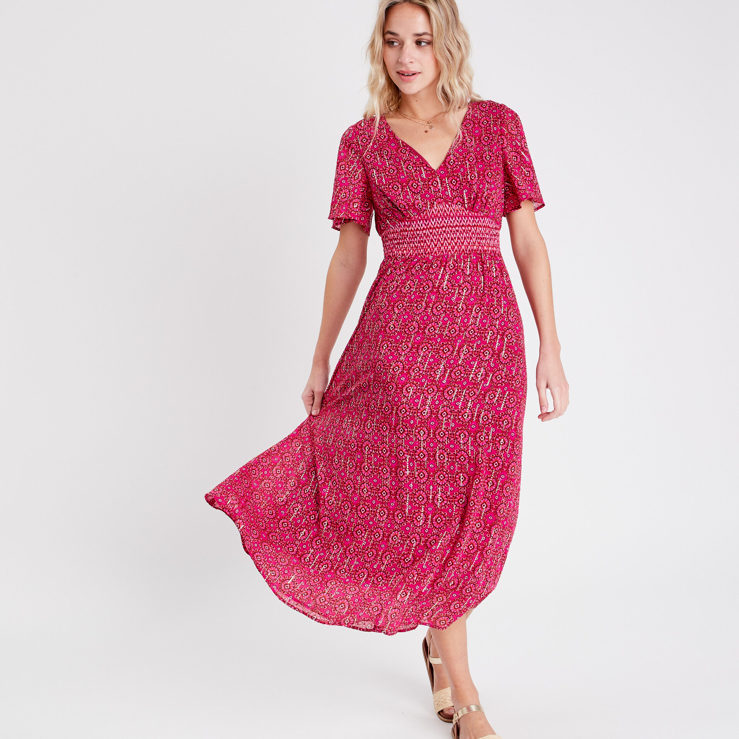 Robe évasée avec manches courtes rose femme | Cache Cache