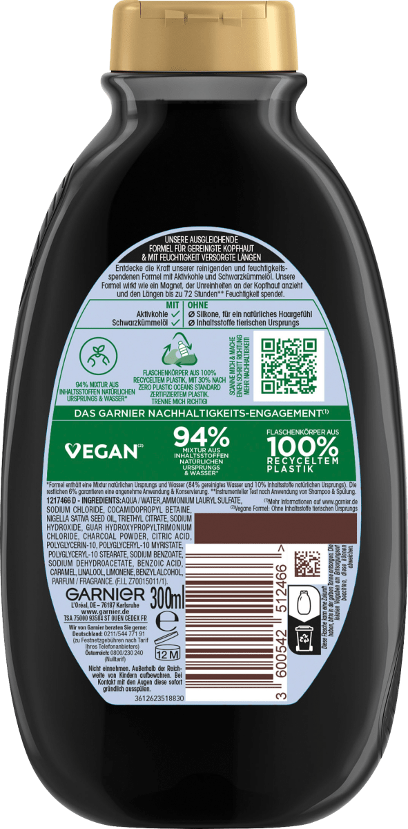 Shampoo Aktivkohle, fettige Kopfhaut, 300 ml