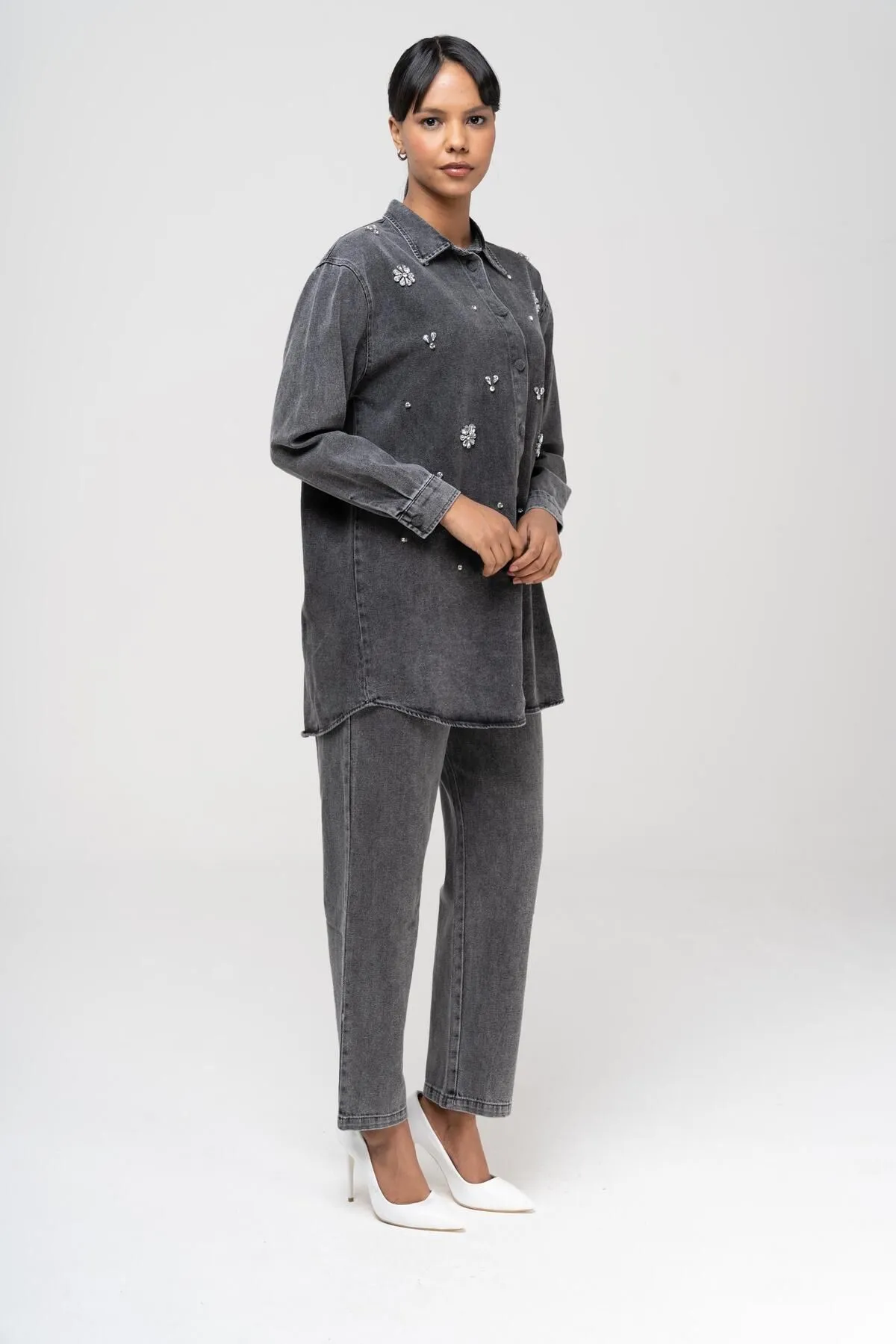 Olcay  Tuniği Jeansanzug mit Steinerbsen und Hose mit elastischer Taille ANTHRAZIT 9225-TK