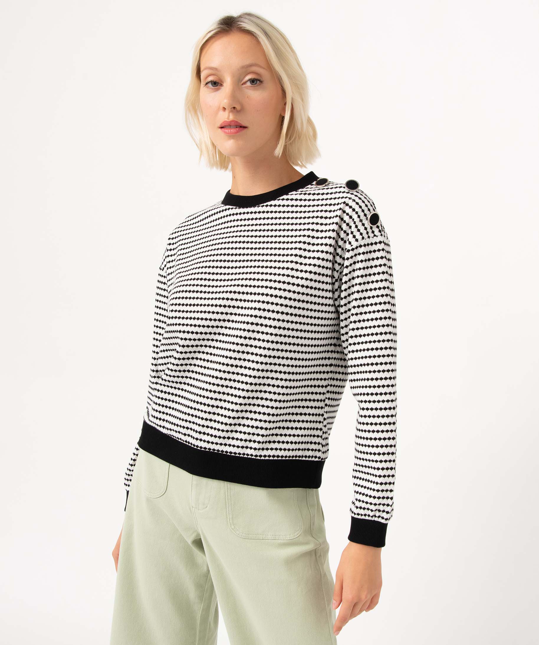 Sweat femme à motifs graphiques avec boutons sur l’épaule ecru | GEMO