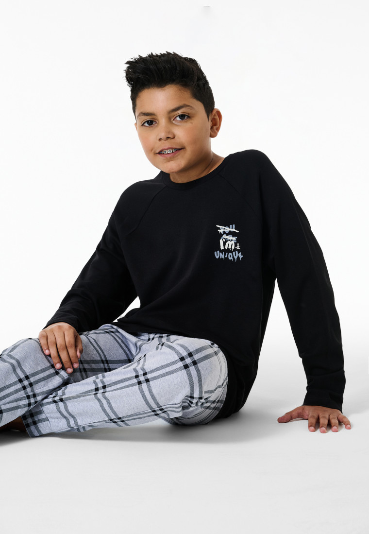 Schlafanzug lang Interlock Karos schwarz - Nightwear