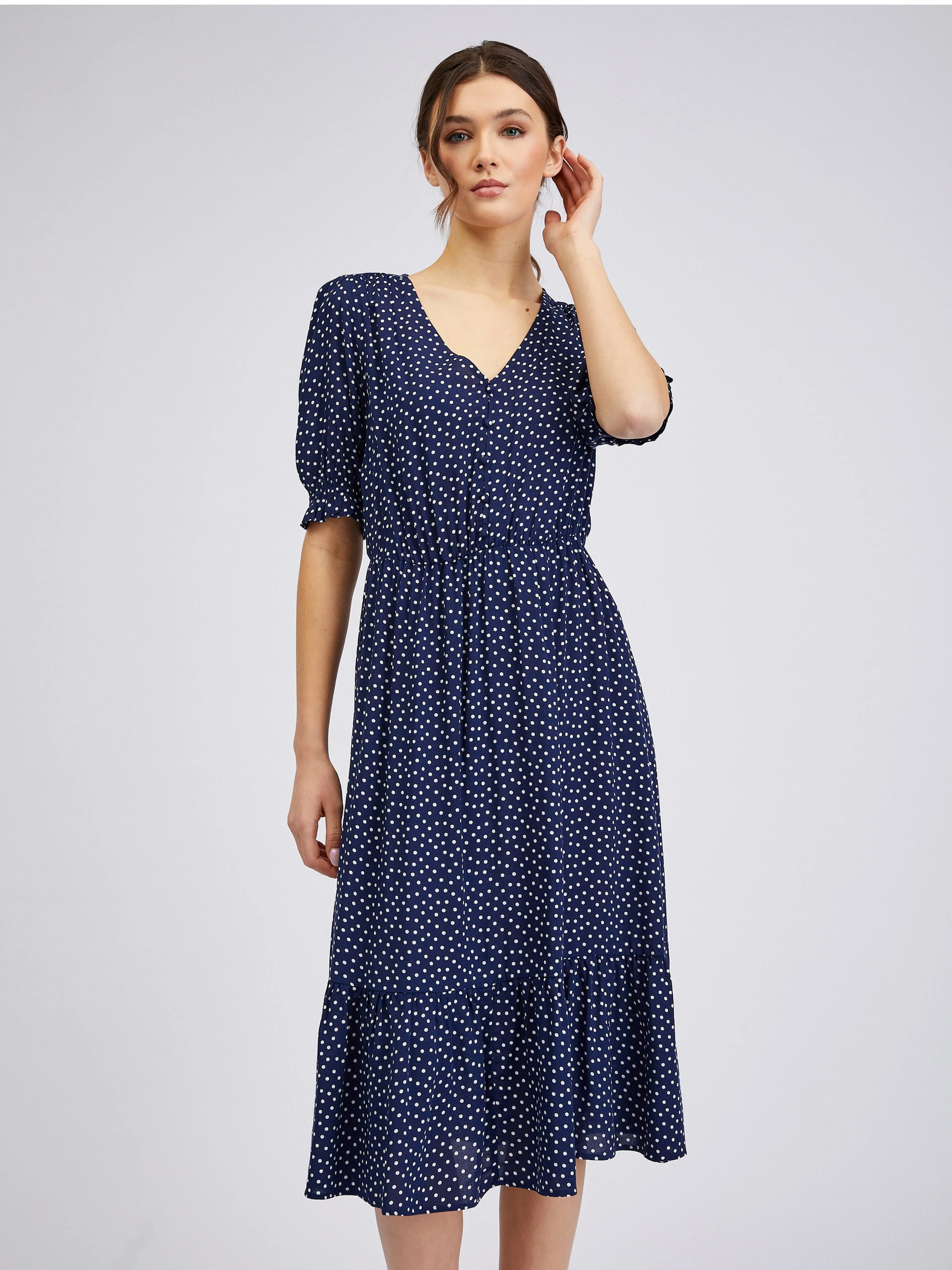 Dunkelblaues Damen-Polka-Dot-Kleid ORSAY