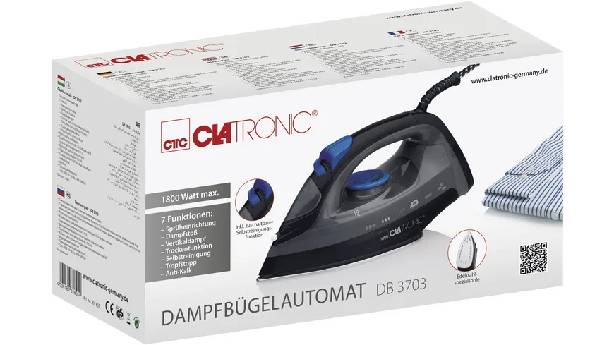 CLATRONIC DB 3703 Dampfbügeleisen Edelstahlsohle 1800W schwarz-blau