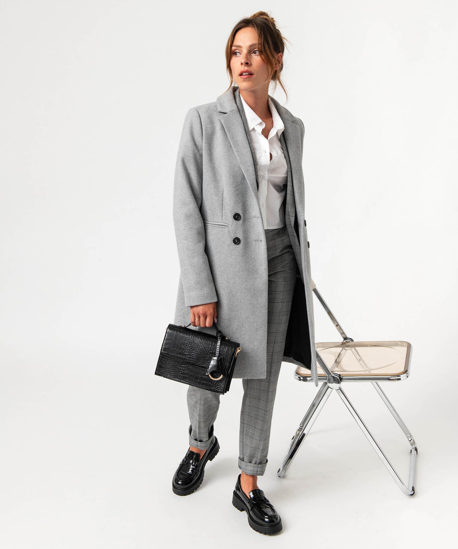 Manteau long droit en laine à double boutonnage femme gris clair | GEMO