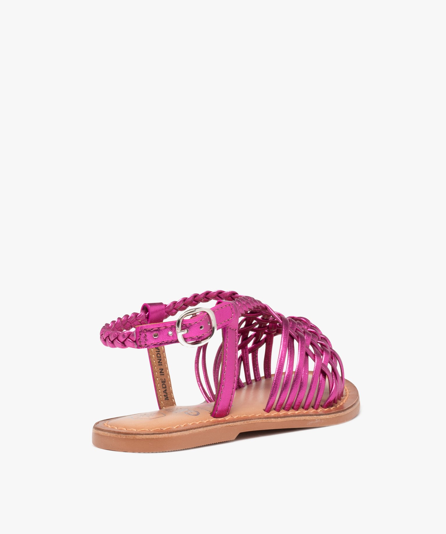 Sandales fille à fines brides en cuir tressées métallisées rose | GEMO