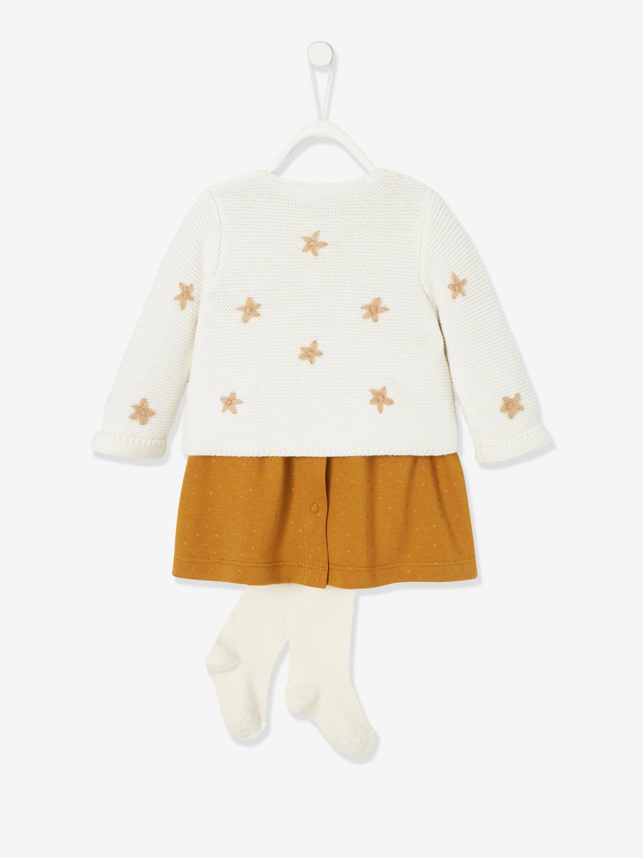 Ensemble cardigan brodé + robe en molleton + collant bébé caramel imprimé