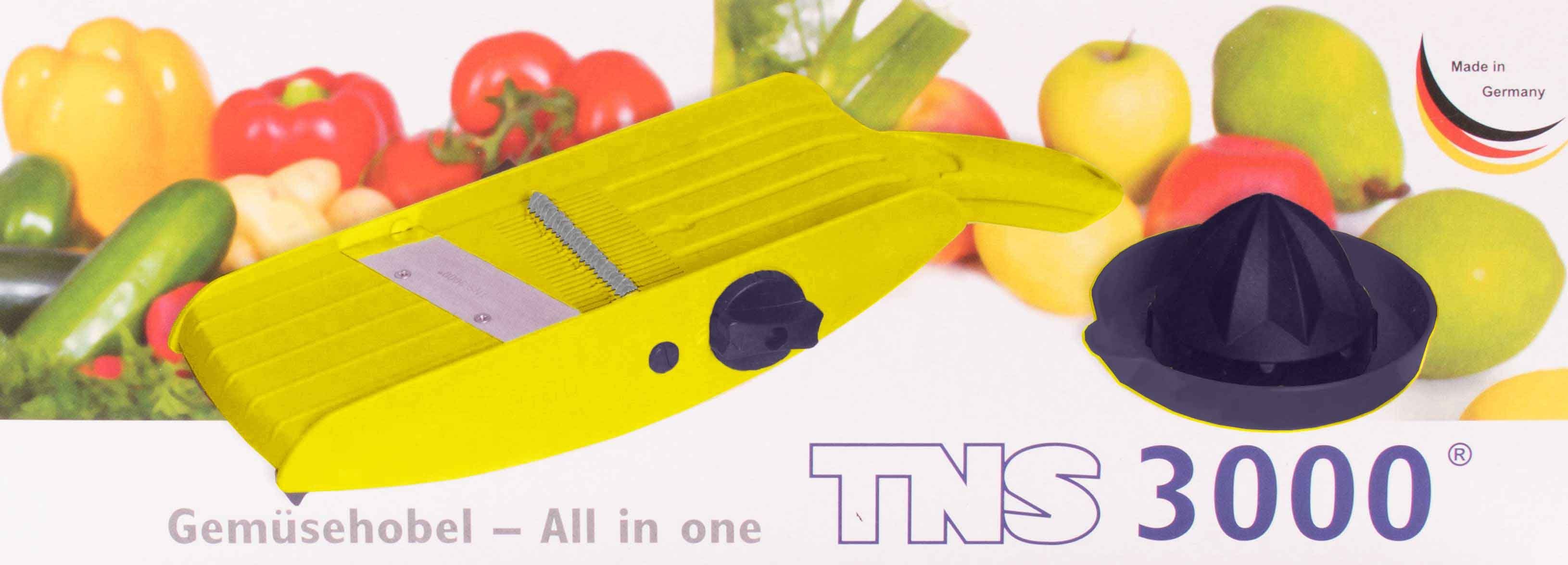 TNS 3000 Gemüsehobel TNS 3000 All in ONE Gemüsehobel gelb Gurkenhobel Küchenhobel Gemüsesch, Kunststoff, (Packung, 2-St), 32 Einstellmöglichkeiten