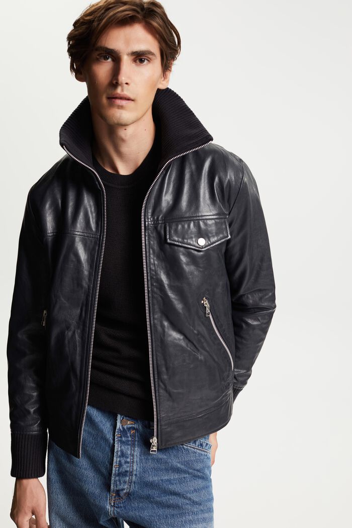 Lederjacke mit Kragen in Rippstrickoptik