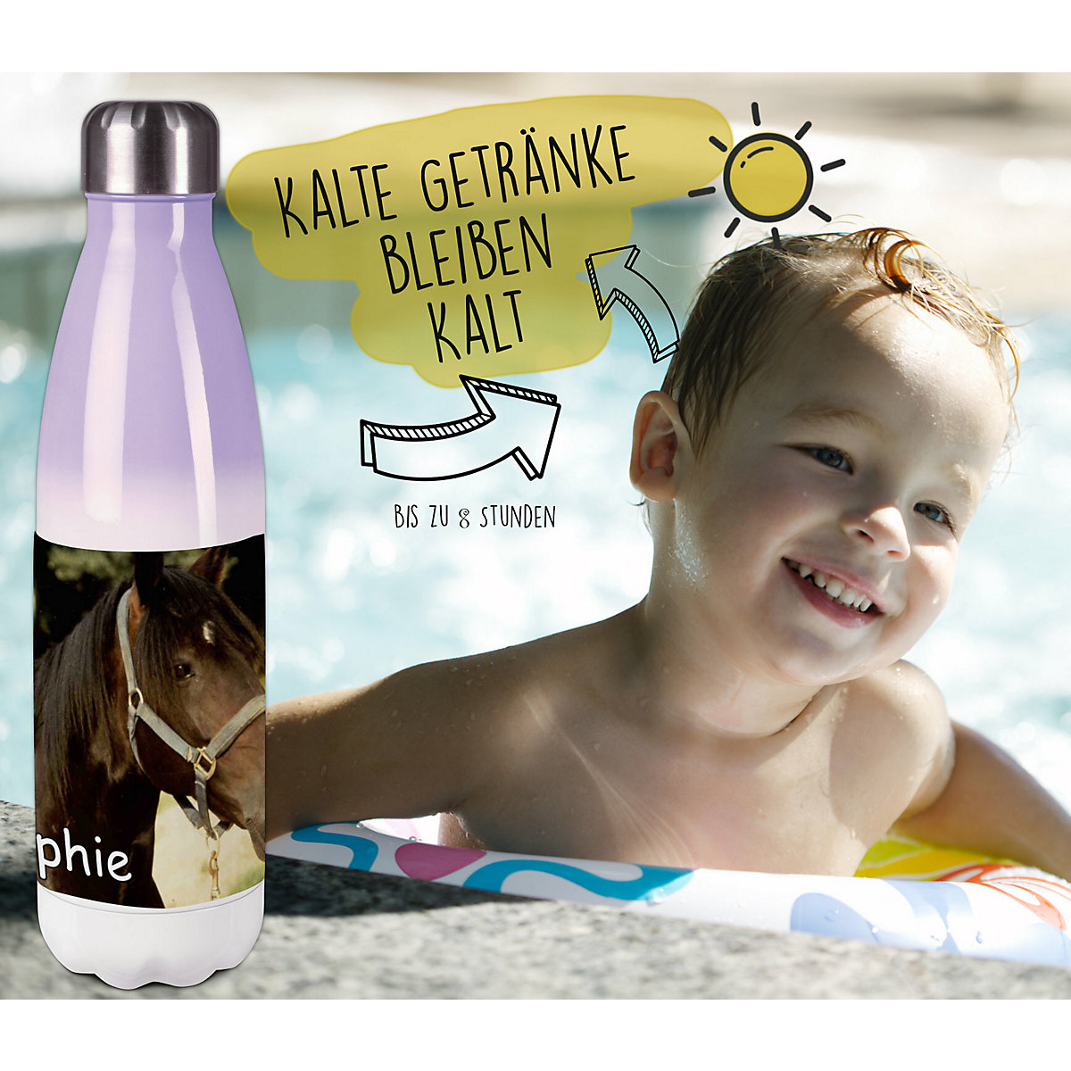 Edelstahl Kinder Thermoflasche / Trinkflasche bunt Pferd Orignial Spülmaschinenfest, Auslaufsicher, Bruchfest, Doppelwandig, Für Heißgetränke geeignet, Mit Deckel, Isoliert